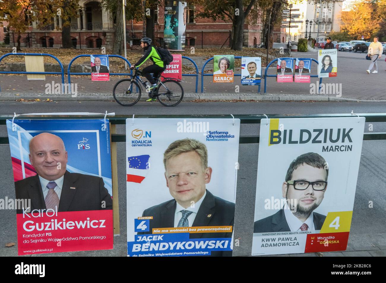 Campaign posters are seen in Gdansk, Poland on 19 October 2018 Candidates in local elections hang thousands of posters on every bus and tram stop on fences, bridges , crossroads and almost every public place in the city. Campaign before the 21st October 2018 local elections ends on Friday and then starts Election silence till the end of voting on Sunday evening (Photo by Michal Fludra/NurPhoto) Stock Photo