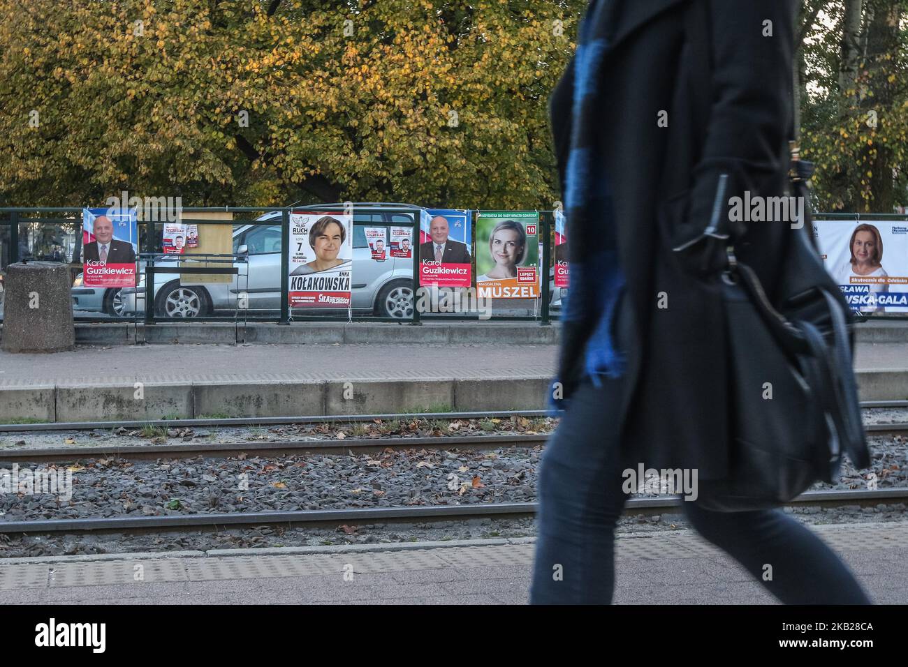 Campaign posters are seen in Gdansk, Poland on 19 October 2018 Candidates in local elections hang thousands of posters on every bus and tram stop on fences, bridges , crossroads and almost every public place in the city. Campaign before the 21st October 2018 local elections ends on Friday and then starts Election silence till the end of voting on Sunday evening (Photo by Michal Fludra/NurPhoto) Stock Photo
