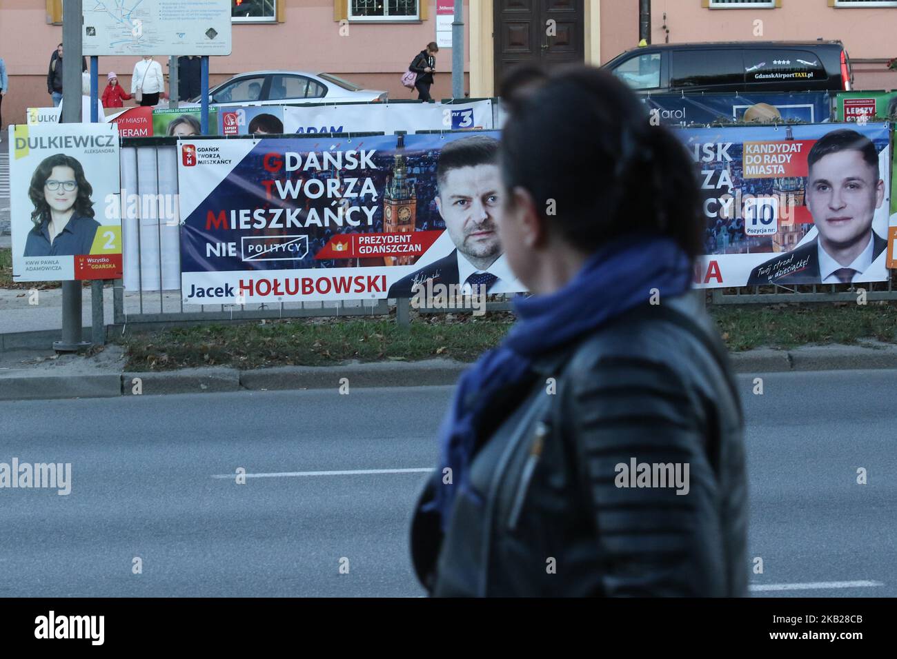 Aleksandra Dulkiewicz and Pawel Szajna campaign posters are seen in Gdansk, Poland on 19 October 2018 Candidates in local elections hang thousands of posters on every bus and tram stop on fences, bridges , crossroads and almost every public place in the city. Campaign before the 21st October 2018 local elections ends on Friday and then starts Election silence till the end of voting on Sunday evening (Photo by Michal Fludra/NurPhoto) Stock Photo