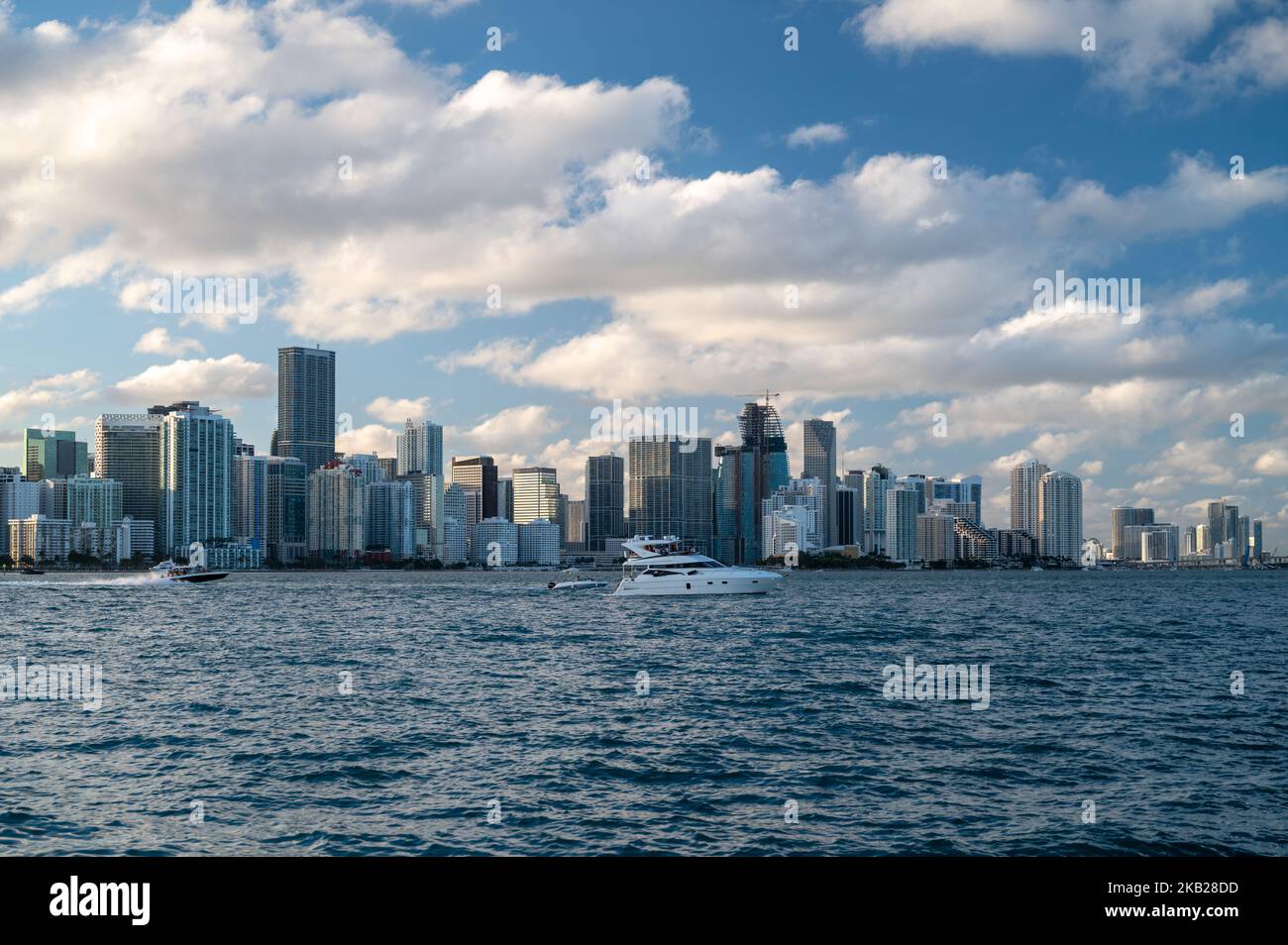 Sunny Cityscape of Miami Brickell at Sunset - yacht Stock Photo