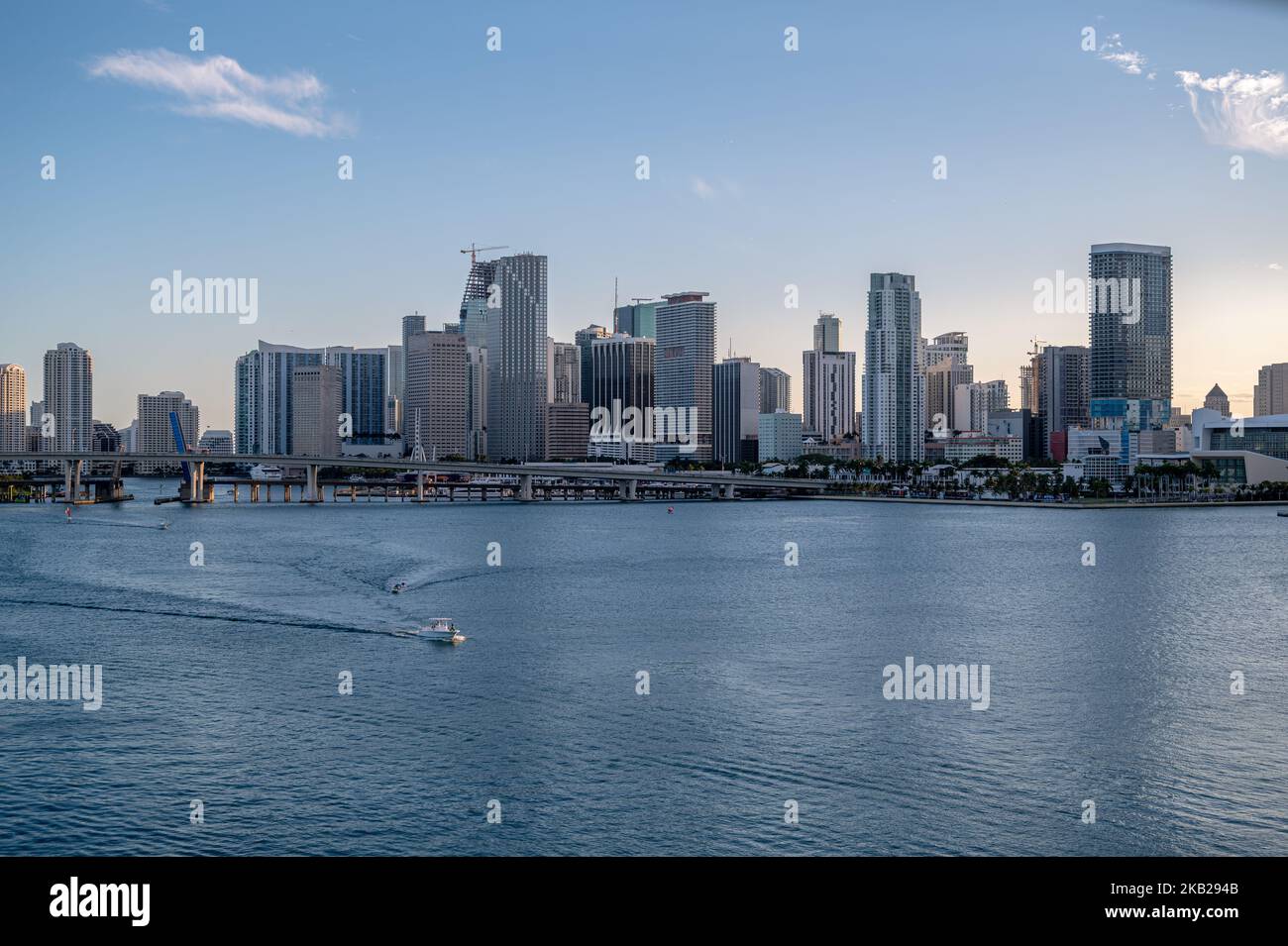 Sunny day blue skies Cityscape of Miami Brickell - yacht Stock Photo
