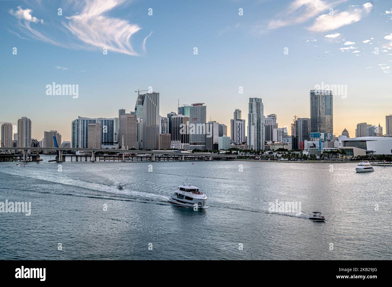 Sunny day golden hour Cityscape of Miami Brickell - yacht Stock Photo