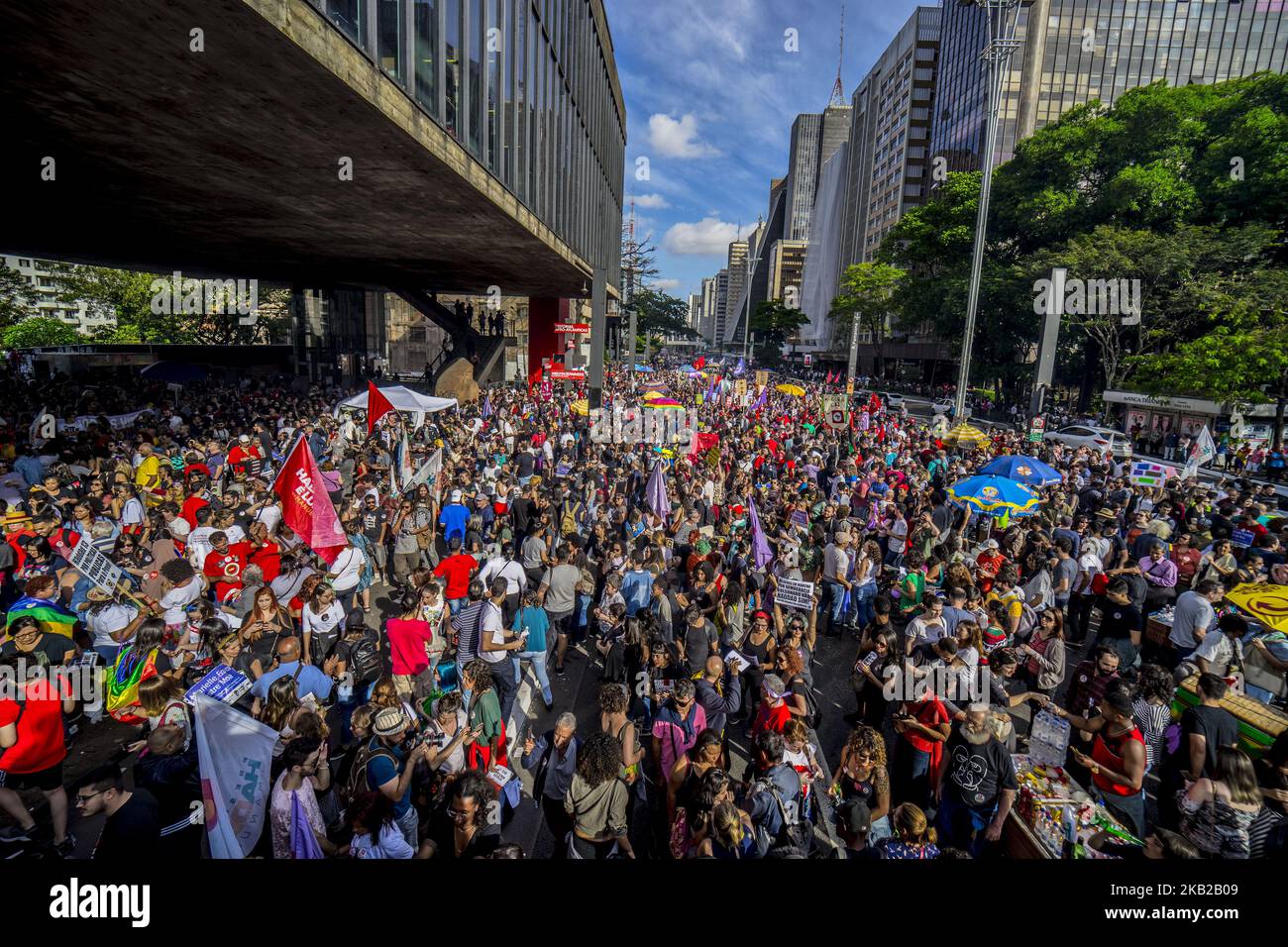 Demonstrators take part in a protest against Brazilian right-wing ...