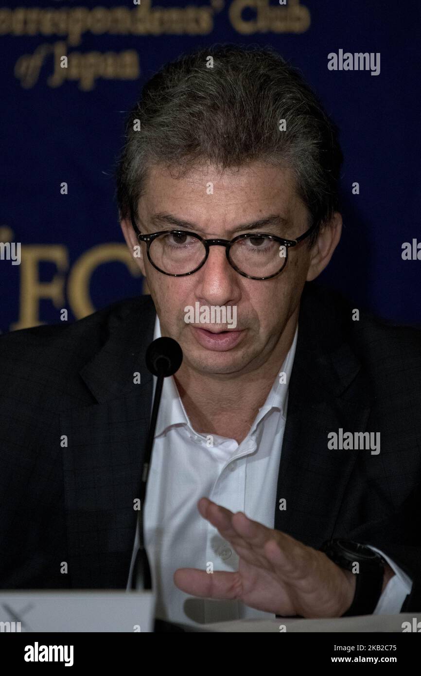 Andre Calantzopoulos, CEO, Philip Morris International Inc, speaks during a  press conference at the Foreign Correspondents' Club of Japan in Tokyo on  October 24, 2018. Transitioning to a Smoke-Free Society,tighter regulations  across