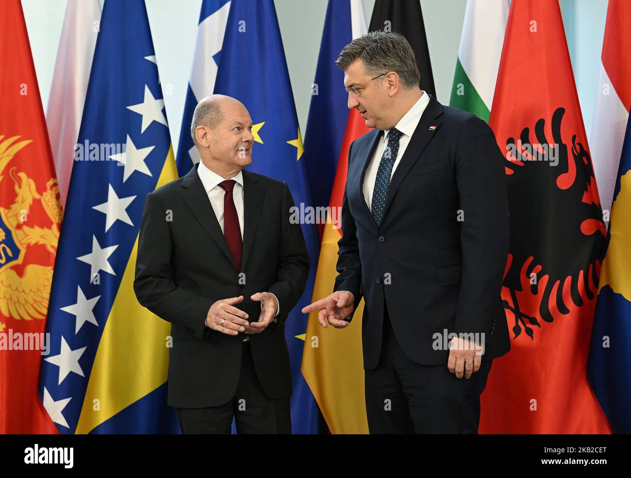 Berlin, Germany. 03rd Nov, 2022. German Chancellor Olaf Scholz (SPD, l) welcomes Croatia's Prime Minister Andrej Plenkovic, to the Western Balkans Summit. The heads of state and government of the six Western Balkan states aspiring to join the EU are attending. Credit: Britta Pedersen/dpa/Alamy Live News Stock Photo