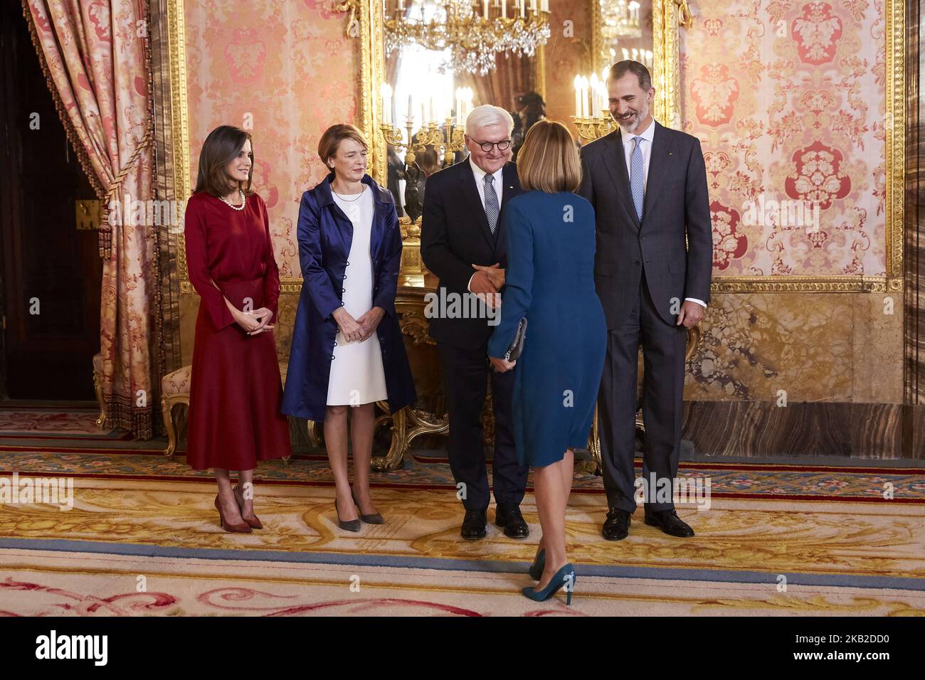 Maria Dolores de Cospedal, King Felipe VI of Spain, Queen Letizia of Spain, Frank-Walter Steinmeier and Elke Buedenbender attends to German President Frank-Walter Steinmeier visit to Spain at Royal Palace in Madrid, Spain on October 24, 2018. (Photo by A. Ware/NurPhoto) Stock Photo