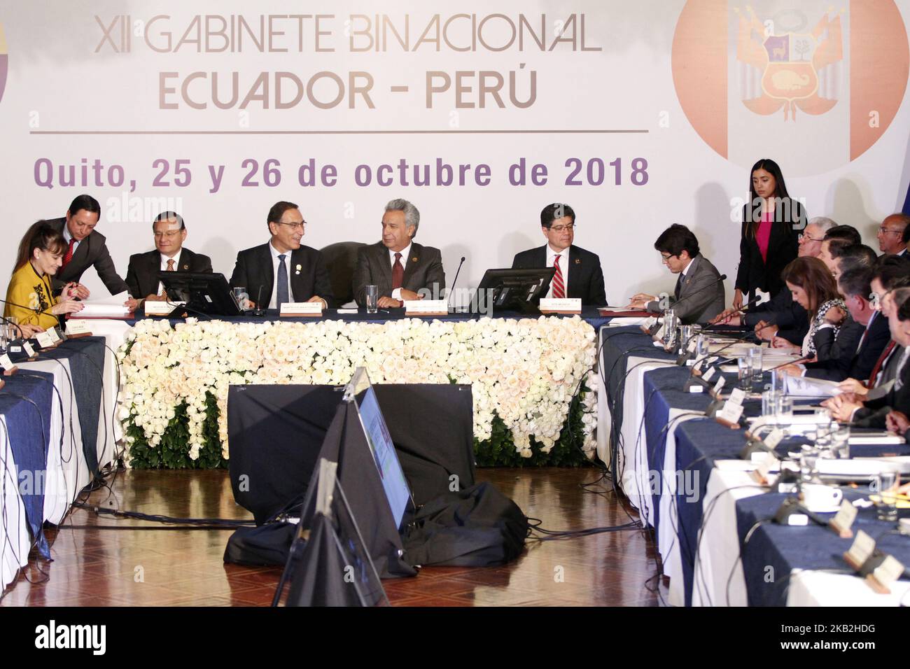 President of Ecuador, Lenin Moreno with his counterpart, Martin Vizcarra, President of Peru, inaugurated the XII Binational Cabinet in the Government Palace, the objective is to evaluate the progress of bilateral relations, in Quito, Ecuador, Friday, October 26, 2018 . (Photo by Gabriela Mena/PRESSOUTH/NurPhoto) Stock Photo
