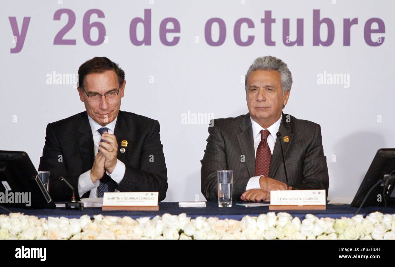 President of Ecuador, Lenin Moreno with his counterpart, Martin Vizcarra, President of Peru, inaugurated the XII Binational Cabinet in the Government Palace, the objective is to evaluate the progress of bilateral relations, in Quito, Ecuador, Friday, October 26, 2018 . (Photo by Gabriela Mena/PRESSOUTH/NurPhoto) Stock Photo