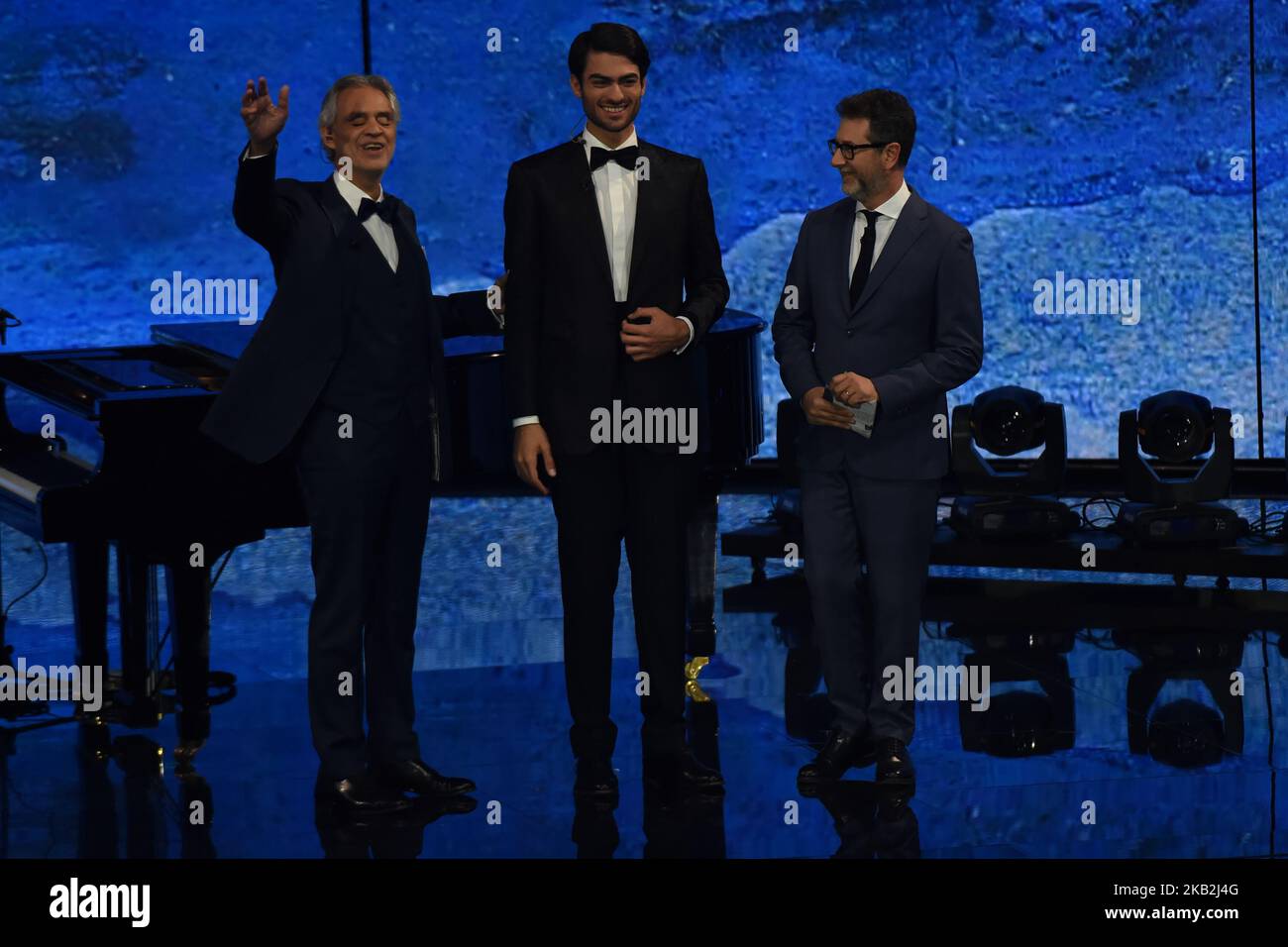 Fabio Fazio (R) and the great Italian singer Andrea Bocelli and his son  Matteo Bocelli guests of the episode of the television program "che tempo  che fa" on Rai Uno (Photo by