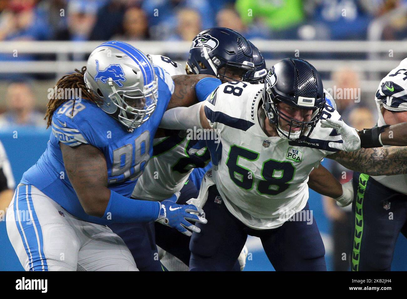 Seattle Seahawks center Justin Britt (68) defends against Detroit Lions defensive tackle Damon Harrison (98) during the first half of an NFL football game in Detroit, Michigan USA, on Sunday, October 28, 2018. (Photo by Jorge Lemus/NurPhoto) Stock Photo