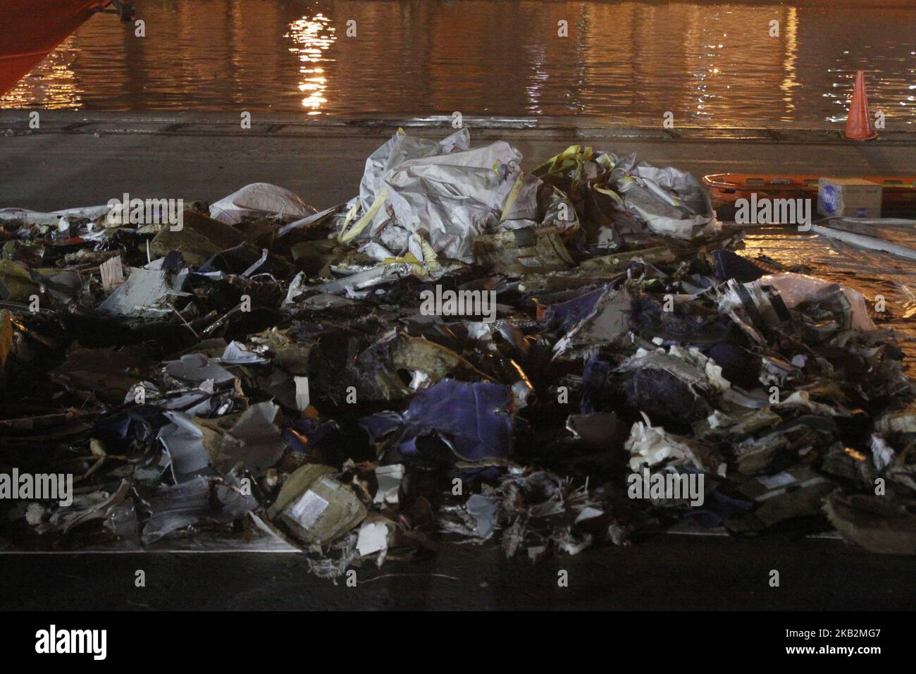 Debris and personal belongings of the victims of crashed B737 Max 8 aircraft, collected at the Jakarta International Container terminal II, port of Tanjung Priok, Jakarta, on October 31, 2018. The Commander of Indonesian Armed Forces, Marshal Hadi Tjahjanto and Head of the National SAR Agency, Vice Marshal Syaugi, on the press converence stated that the research vessel Baruna Jaya managed to find debris and detect a ping locator which allegedly belonging to Lion Air JT-610 aircraft which fell in the Karawang bay on October 29, minutes after take off from Jakarta. (Photo by Aditya Irawan/NurPho Stock Photo