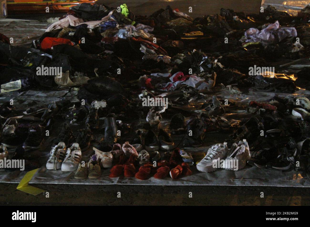 Debris and personal belongings of the victims of crashed B737 Max 8 aircraft, collected at the Jakarta International Container terminal II, port of Tanjung Priok, Jakarta, on October 31, 2018. The Commander of Indonesian Armed Forces, Marshal Hadi Tjahjanto and Head of the National SAR Agency, Vice Marshal Syaugi, on the press converence stated that the research vessel Baruna Jaya managed to find debris and detect a ping locator which allegedly belonging to Lion Air JT-610 aircraft which fell in the Karawang bay on October 29, minutes after take off from Jakarta. (Photo by Aditya Irawan/NurPho Stock Photo