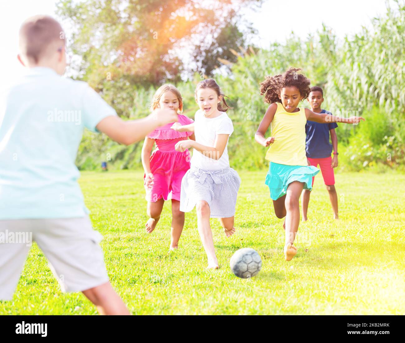 Group Of Kids Playing Football On Grass Stock Photo Alamy group-of-kids-playing-football-on-grass-stock-photo-alamy
