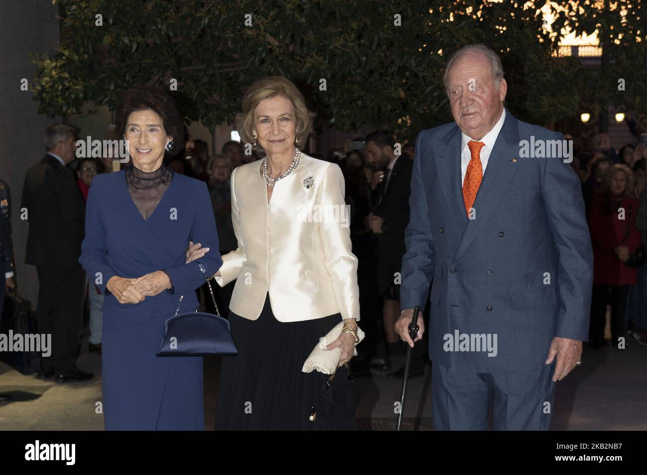 (L-R) Paloma O'Shea, Queen Sofia and King Juan Carlos arrive to attend a concert to celebrate Queen Sofia's 80th birthday at Escuela Superior de Musica Reina Sofia on November 2, 2018 in Madrid, Spain. . (Photo by Oscar Gonzalez/NurPhoto) Stock Photo