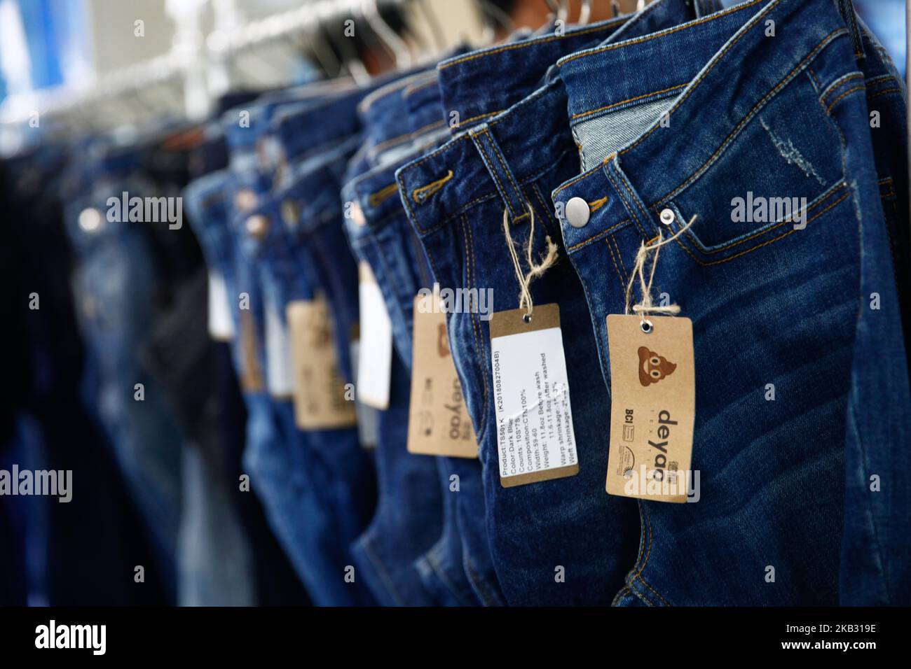 Detail product of Denim's jeans are seen at the International Denim