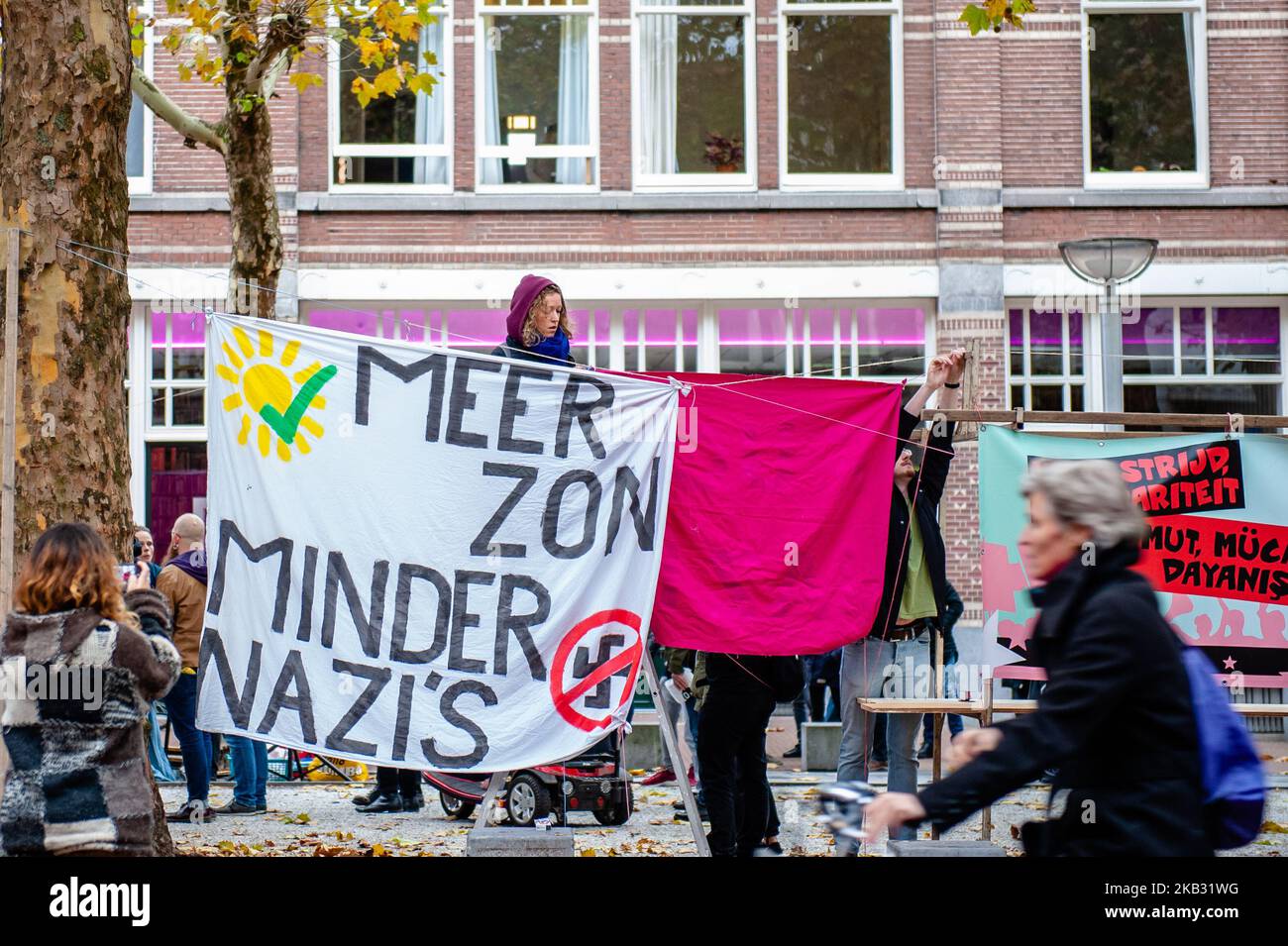 People protest in Nijmegen, on November 10, 2018. Racial Volunteer Force (RVF) attempted to manifest in Nijmegen another demonstration against them emerged. A few days ago the far-right group RVF declared that they finally are not going to demonstrate. But even if the far right group didn't demonstrate, hundreds of people demonstrated against them and against racism on the streets of Nijmegen under the motto Stand your ground. (Photo by Romy Arroyo Fernandez/NurPhoto) Stock Photo