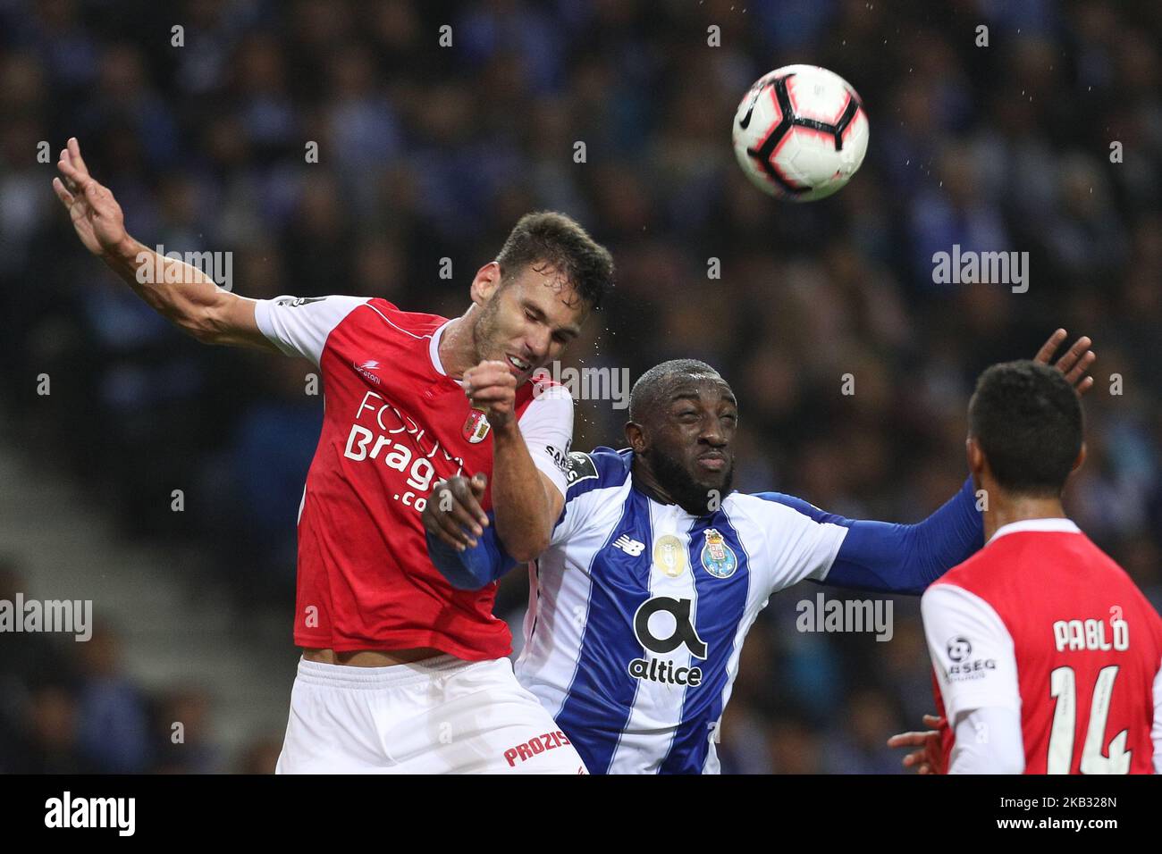 Porto's Algerian forward Yacine Brahimi (R) vies with Sporting Braga's  Portuguese defender Nuno Sequeira (L) during the Premier League 2018/19  match between FC Porto and SC Braga, at Dragao Stadium in Porto