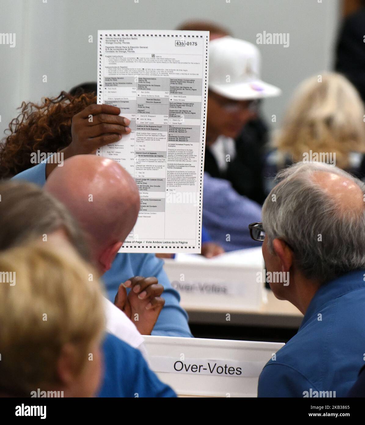 November 16, 2018 - Orlando, Florida, United States - Election workers perform a manual recount of ballots on November 16, 2018 at the Orange County Supervisor of Elections Office in Orlando, Florida. On November 15, 2018, a statewide manual recount of votes was ordered in the hotly contested Senate race between Republican Governor Rick Scott and Democrat Bill Nelson, as well as the close race for Florida Agriculture Commissioner. (Photo by Paul Hennessy/NurPhoto) Stock Photo