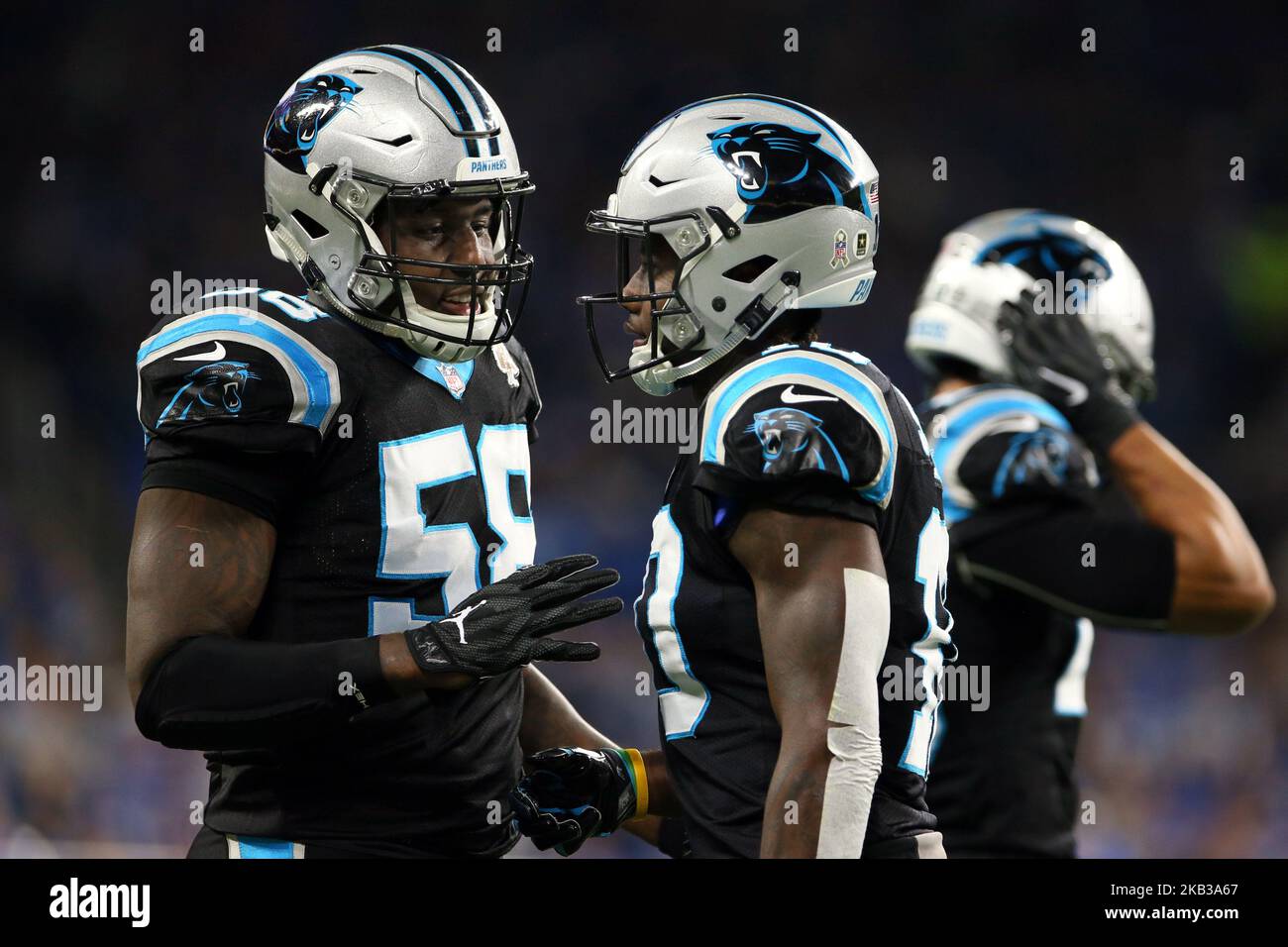 Carolina Panthers outside linebacker Thomas Davis (58) talks with Carolina Panthers wide receiver Curtis Samuel (10) after a play during the first half of an NFL football game against the Carolina Panthers in Detroit, Michigan USA, on Sunday, November 18, 2018. (Photo by Amy Lemus/NurPhoto) Stock Photo