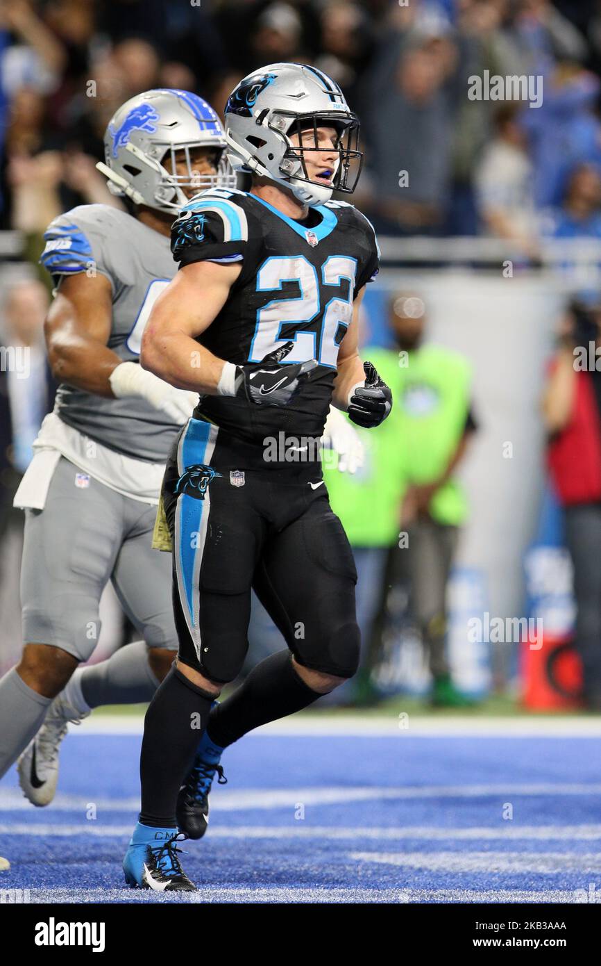 Carolina Panthers running back Christian McCaffrey (22) runs off the field  after a play during the second half of an NFL football game against the  Carolina Panthers in Detroit, Michigan USA, on