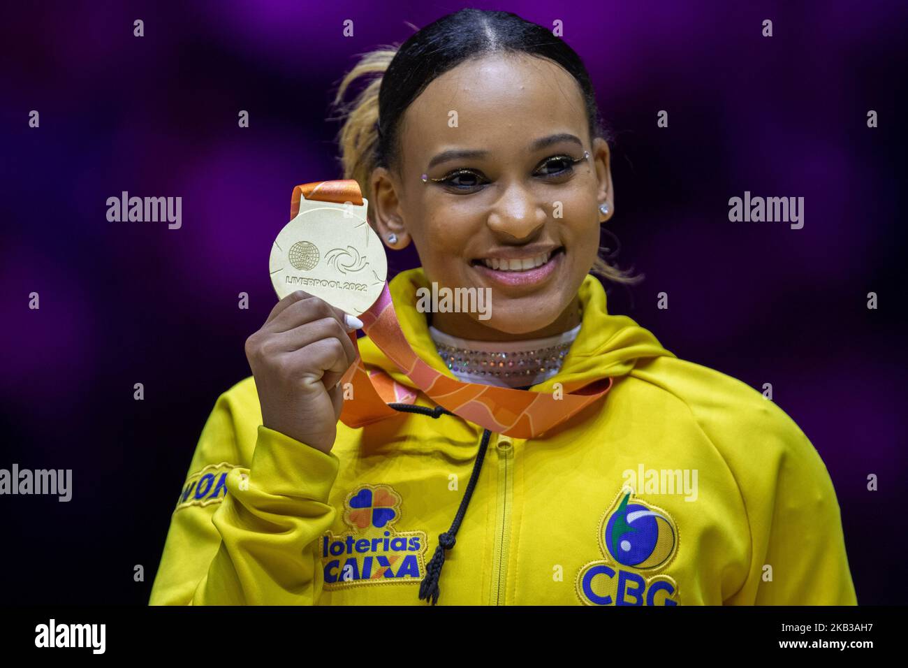 Liverpool, UK. 03rd Nov, 2022. Liverpool, England, November 3rd 2022 Rebeca Andrade (BRA) celebrates with her Gold Medal in the Women's All-Around Final at the FIG World Gymnastics Championships at the M&S Bank Arena in Liverpool, England Dan O' Connor (Dan O' Connor/SPP) Credit: SPP Sport Press Photo. /Alamy Live News Stock Photo