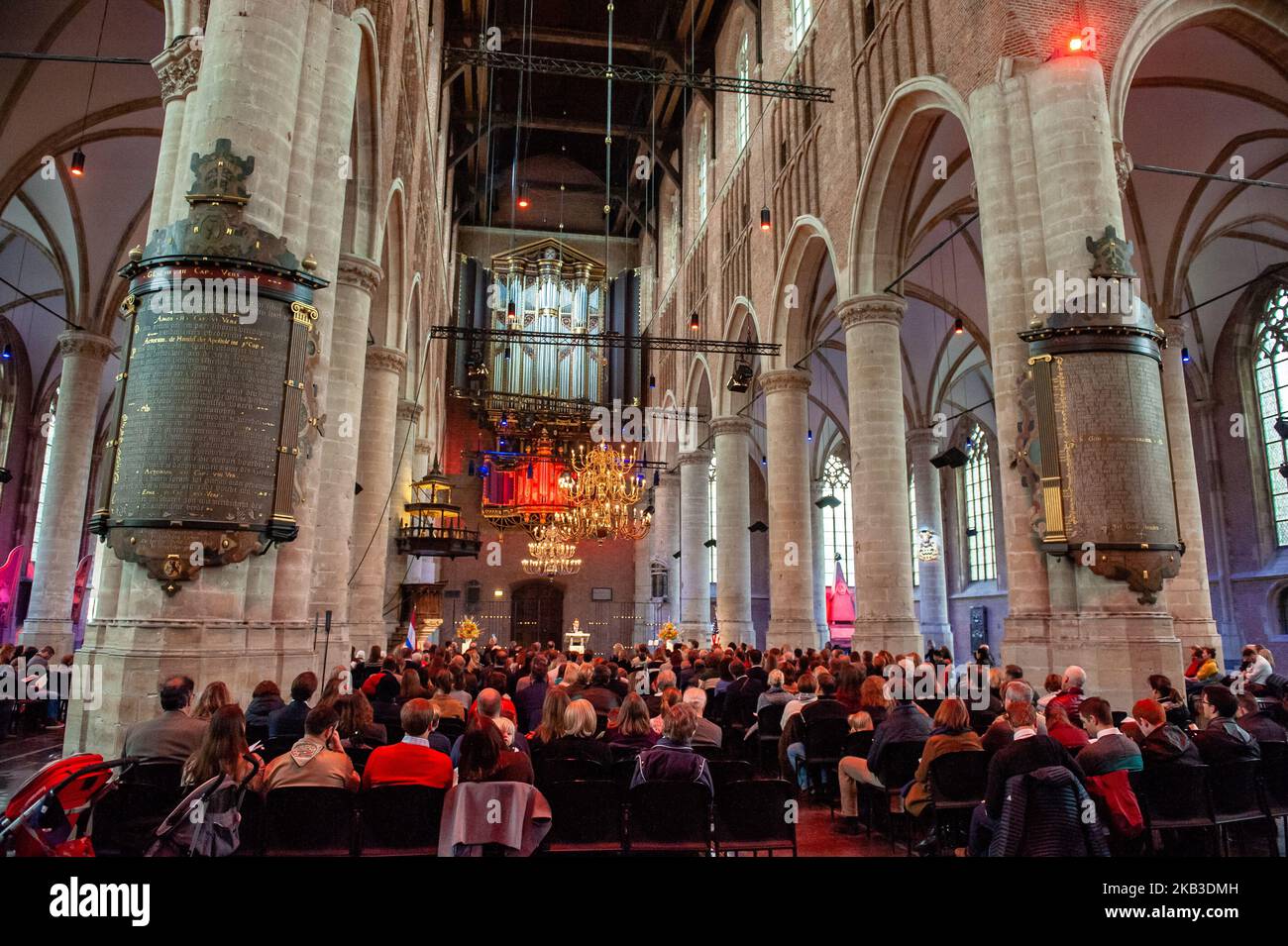 November 22nd, Leiden, The Netherlands. After the pilgrims left England to escape the established Anglican Church, and before they landed on Plymouth Rock, they arrived in Leiden, The Netherlands where they lived for 11 years. Thanksgiving holds a special significance for the Dutch and every year in Leiden, the annual Thanksgiving Day Service at the historic Pieterskerk in Leiden is a celebration of the history of the pilgrims and their connection to Holland. The pilgrims recorded their births, marriages and deaths in the Pieterskerk, and lived in the surrounding neighborhoods during their tim Stock Photo