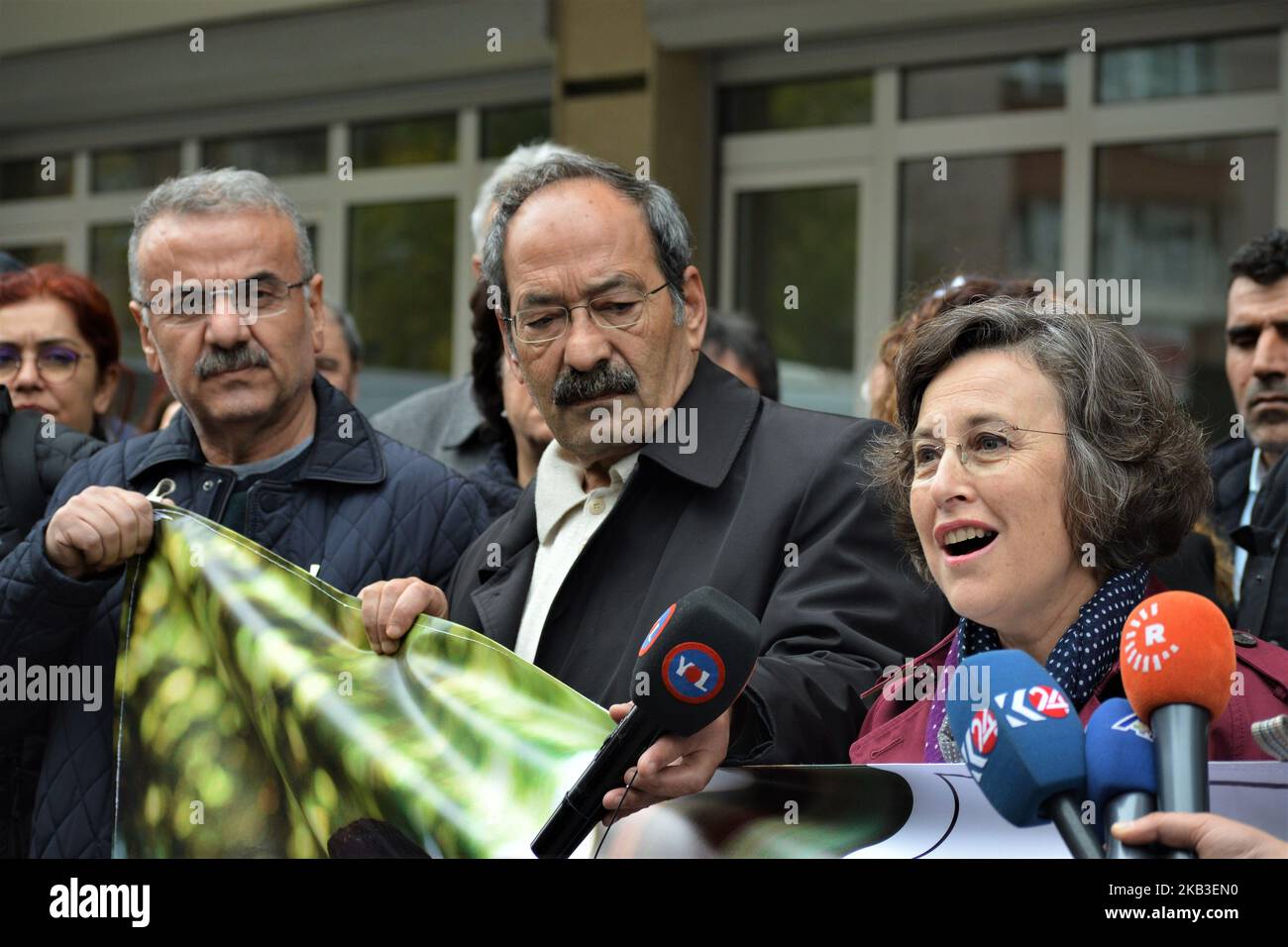 Deputy of the pro-Kurdish Peoples' Democratic Party (HDP), Filiz Kerestecioglu (R) speaks during a protest calling for the release of her party's former co-leader Selahattin Demirtas in Ankara, Turkey on November 23, 2018. The European Court of Human Rights (ECHR) urged Turkey on November 20 to release Demirtas who has been held for two years on terror charges as the call was immediately rejected by Turkish President Recep Tayyip Erdogan. President Erdogan added on November 21 that the ECHR's ruling on Demirtas amounted to support of terrorism. On the other hand, Turkey and the European Union  Stock Photo