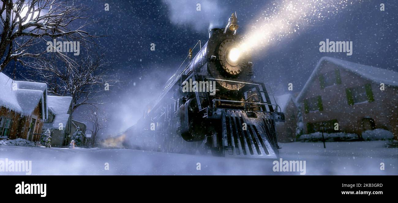 THE POLAR EXPRESS, TRAIN ARRIVES ON BOY'S STREET, 2004 Stock Photo