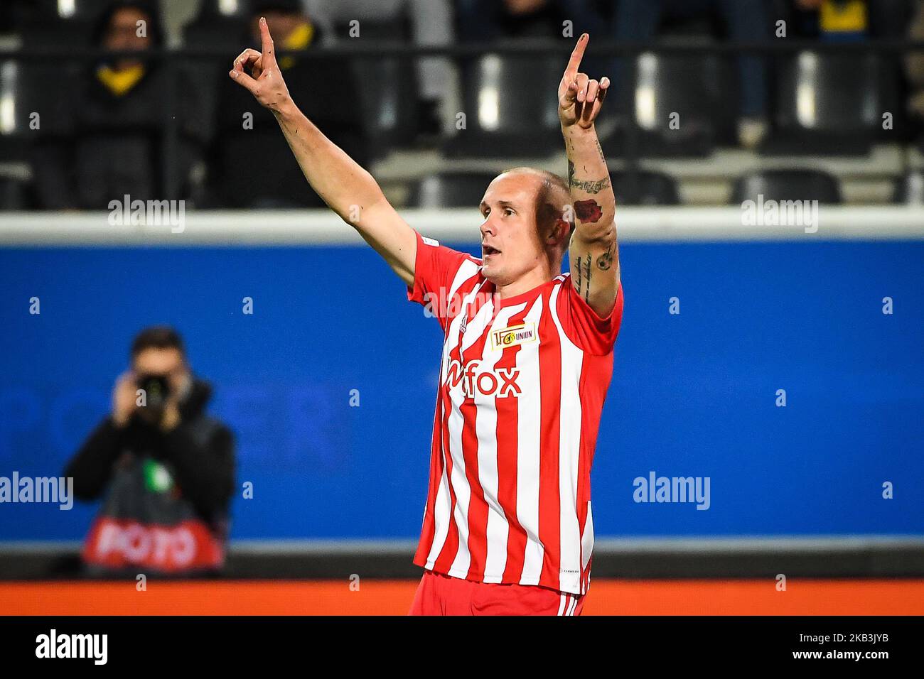 Leuven, Belgium - November 3, 2022, Sven MICHEL of Union Berlin celebrates his goal during the UEFA Europa League, Group D football match between Royale Union Saint-Gilloise and 1. FC Union Berlin on November 3, 2022 at King Power at Den Dreef in Leuven, Belgium - Photo: Matthieu Mirville/DPPI/LiveMedia Stock Photo