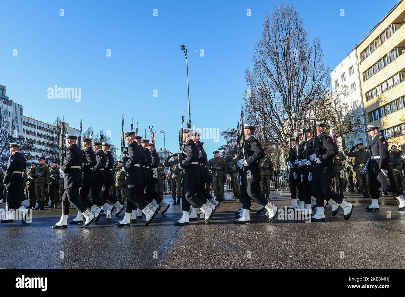 Polish Navy soldiers are seen in Gdynia, Poland on 28 November 2018 Polish Navy celebrates 100th anniversary with defilade and Naval ships show in Naval Base in Gdynia (Photo by Michal Fludra/NurPhoto) Stock Photo