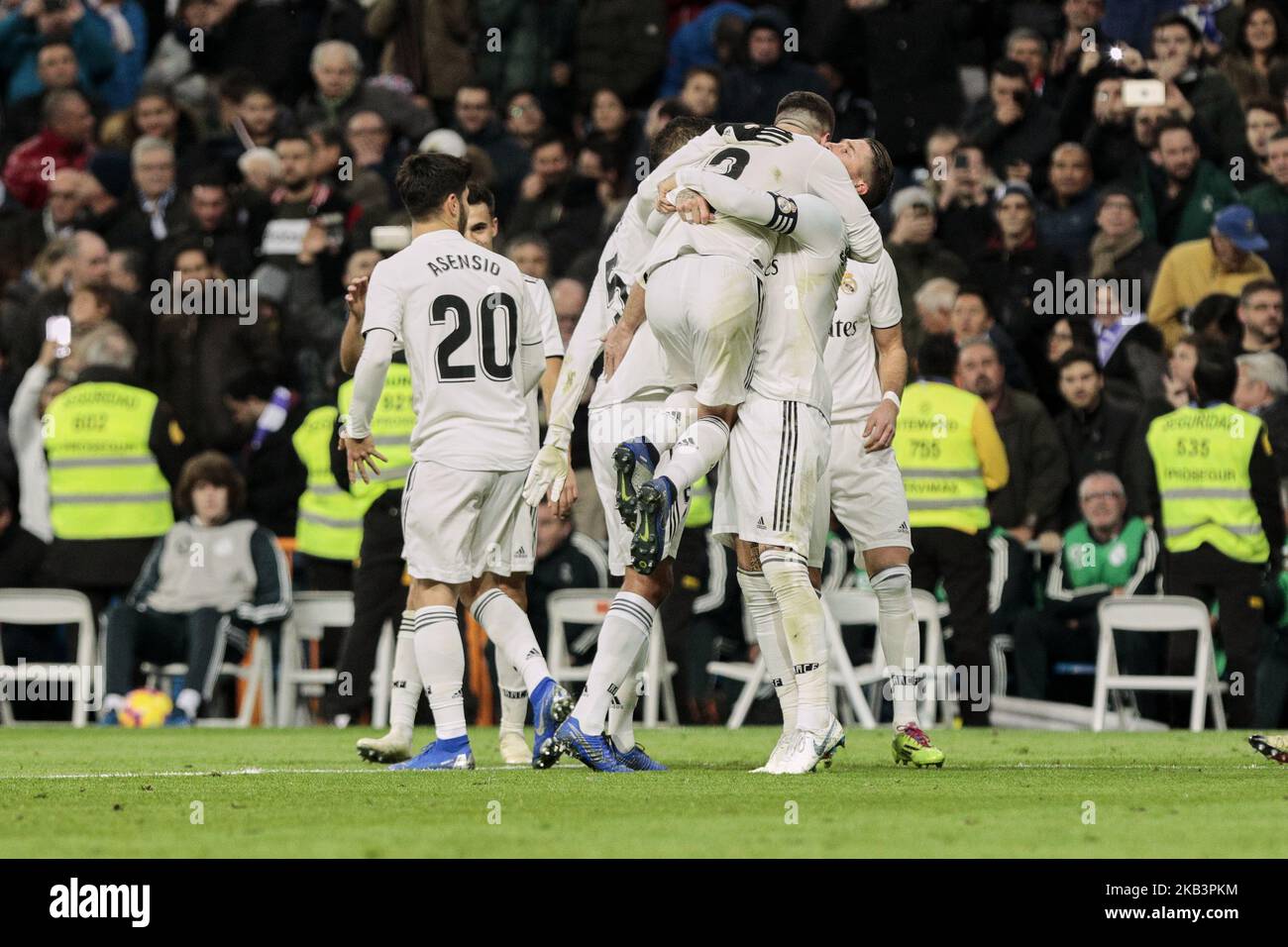 Real Madrid's Dani Carvajal (L) and Sergio Ramos (R) celebrate goal during La Liga match between Real Madrid and Valencia CF at Santiago Bernabeu Stadium in Madrid, Spain. December 01, 2018. (Photo by A. Ware/NurPhoto) Stock Photo