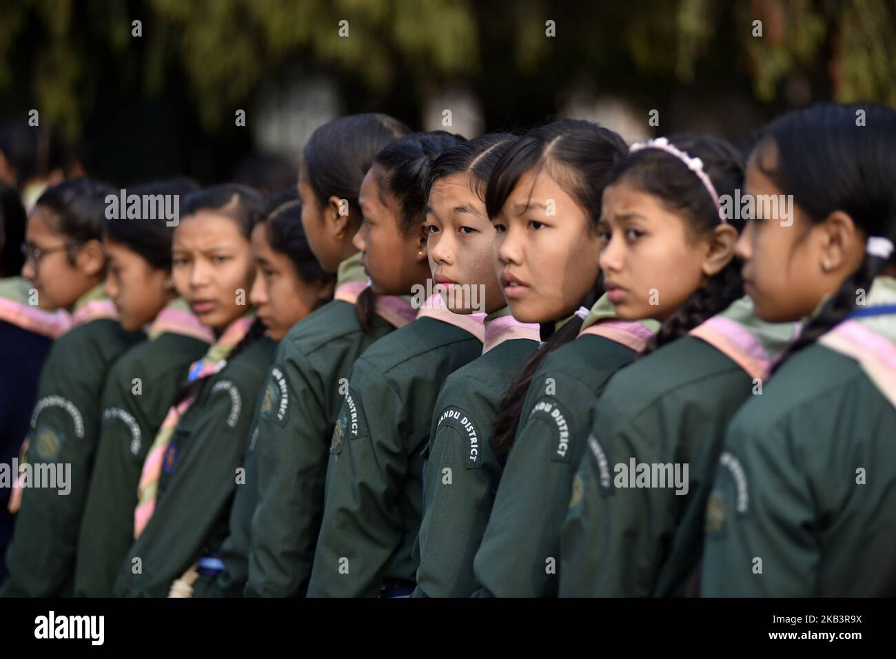 Nepalese scouts girl take part in a rally during 27th International Day of Persons with Disabilities in Kathmandu, Nepal on Monday, December 03, 2018. The 27th World Disability Day focuses on 'Empowering persons with disabilities and ensuring inclusiveness and equality'. (Photo by Narayan Maharjan/NurPhoto) Stock Photo