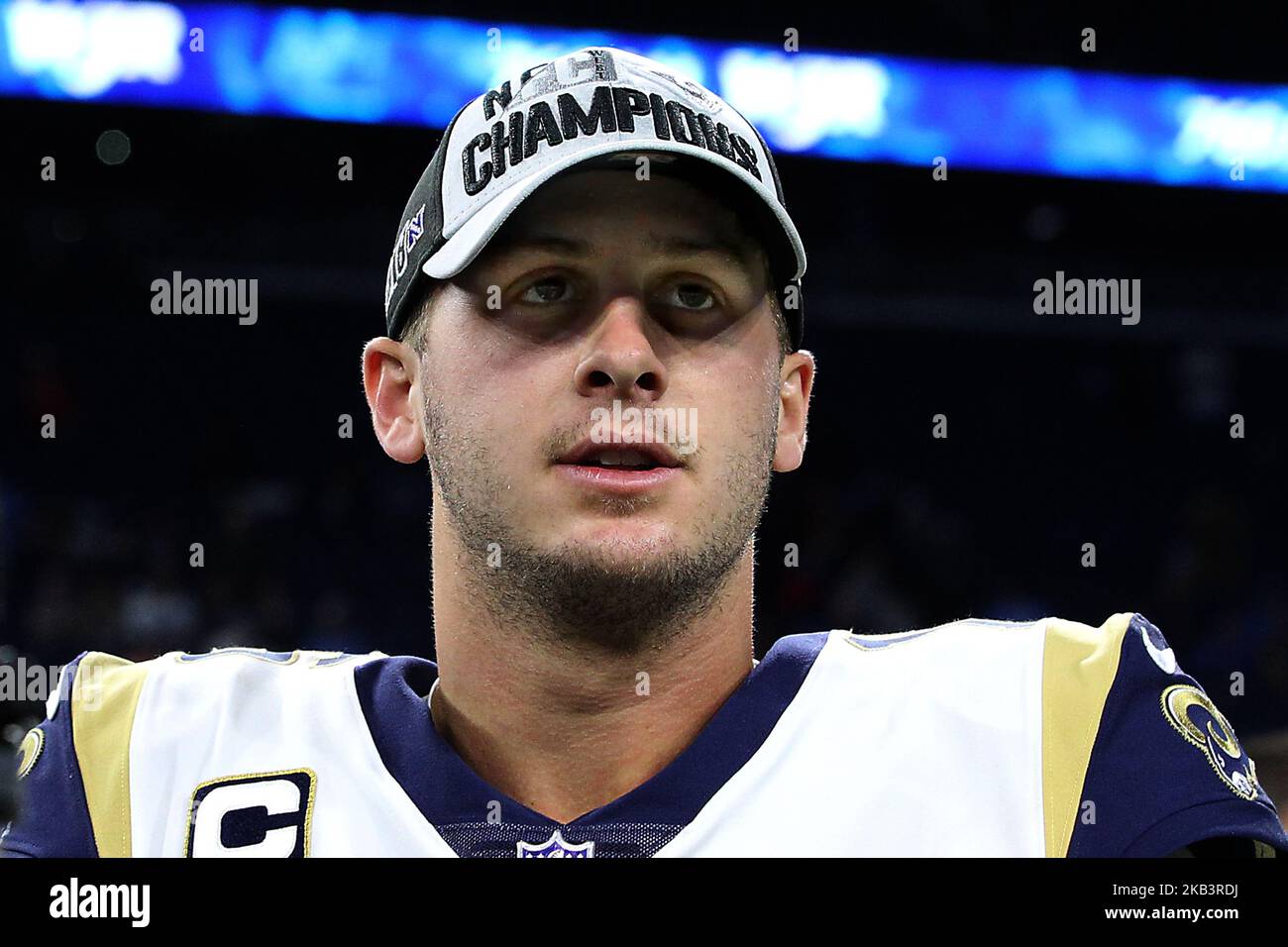Los Angeles Rams quarterback Jared Goff (16) wears an NFC Champions hat after clinching the NFC championship with a win over the Detroit during the second half of an NFL football game against the Los Angeles Rams in Detroit, Michigan USA, on Sunday, December 2, 2018. (Photo by Amy Lemus/NurPhoto) Stock Photo