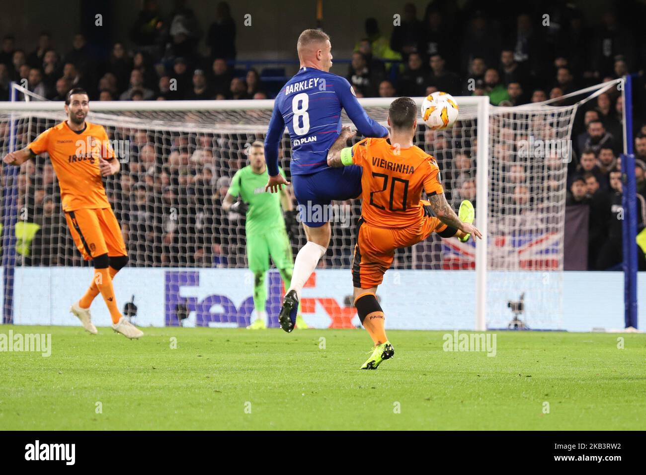 Ross Barkley Chelsea's #8 and Vieirinha PAOK's #20 in action during the UEFA Europa League Group L match between Chelsea and PAOK at Stamford Bridge on November 29, 2018 in London, United Kingdom. (Photo by Nicolas Economou/NurPhoto) Stock Photo