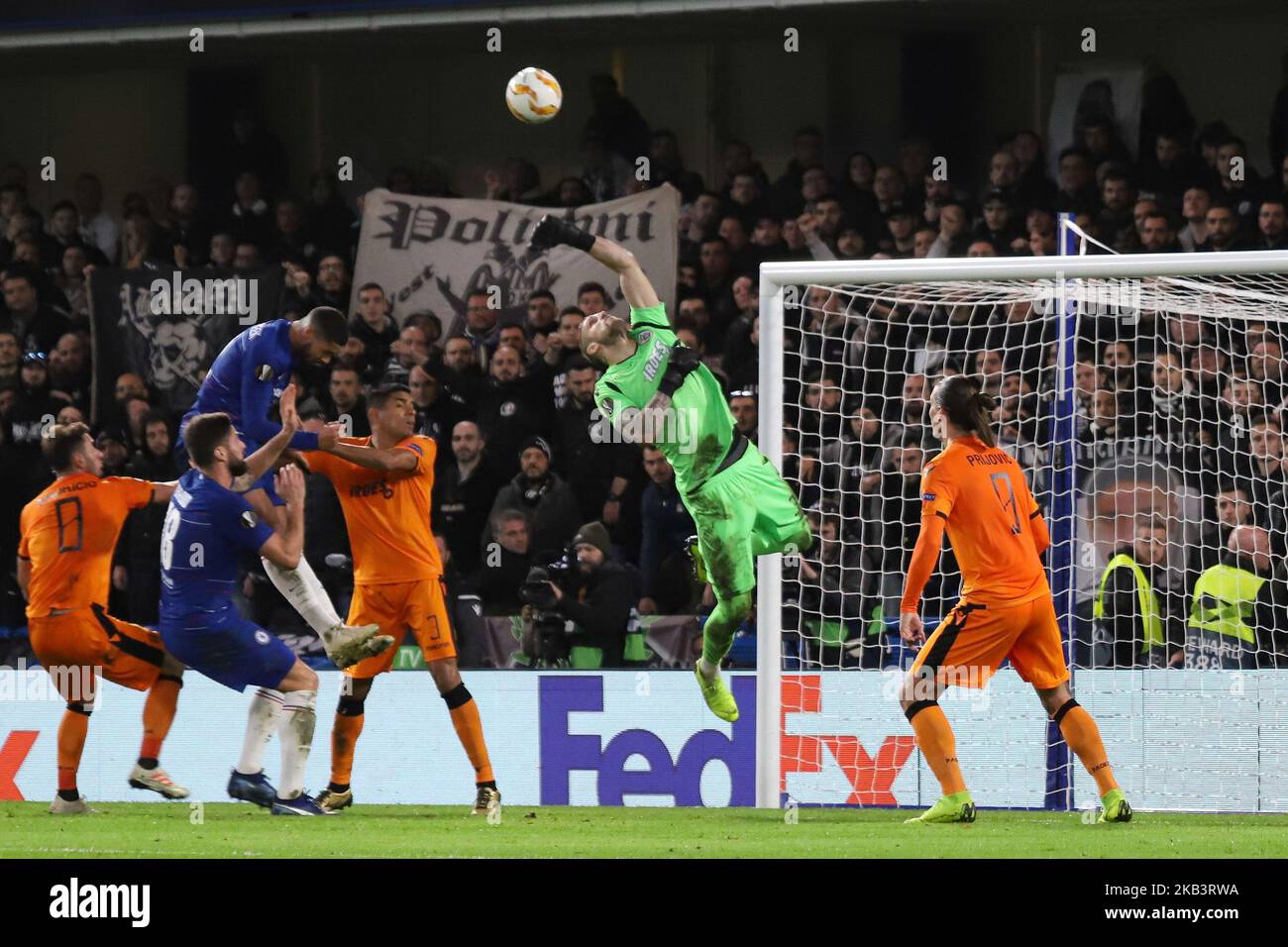 Alexandros Paschalakis #31, PAOK's goalkeeper saves from Ruben Loftus-Cheek header during the UEFA Europa League Group L match between Chelsea and PAOK at Stamford Bridge on November 29, 2018 in London, United Kingdom. (Photo by Nicolas Economou/NurPhoto) Stock Photo