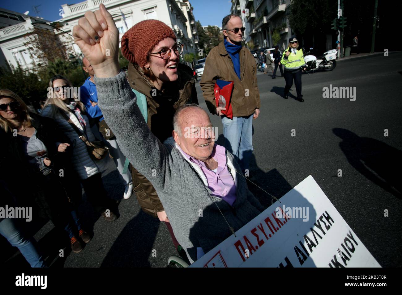 People protest for disabled rights on the occasion of the International Day for Persons with Disabilities in Athens, Greece on December 3, 2018. Protesters demand wage and social welfare since they have been eliminated by years of austerity measures. (Photo by Giorgos Georgiou/NurPhoto) Stock Photo