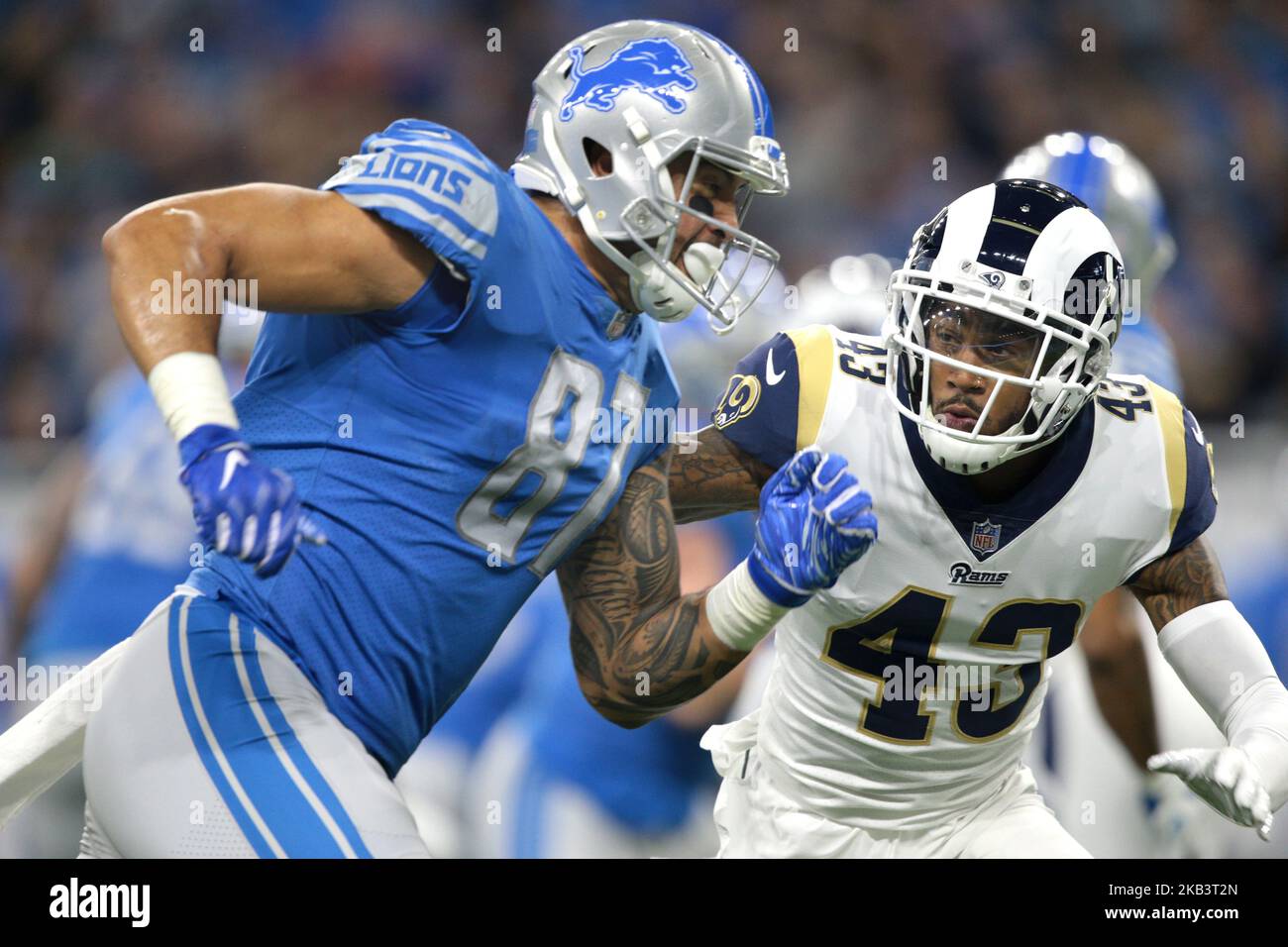 Detroit Lions tight end Levine Toilolo #87 looks on from the sidelines  during the second half of an NFL football game against the New England  Patriots in Detroit, Michigan USA, on Sunday