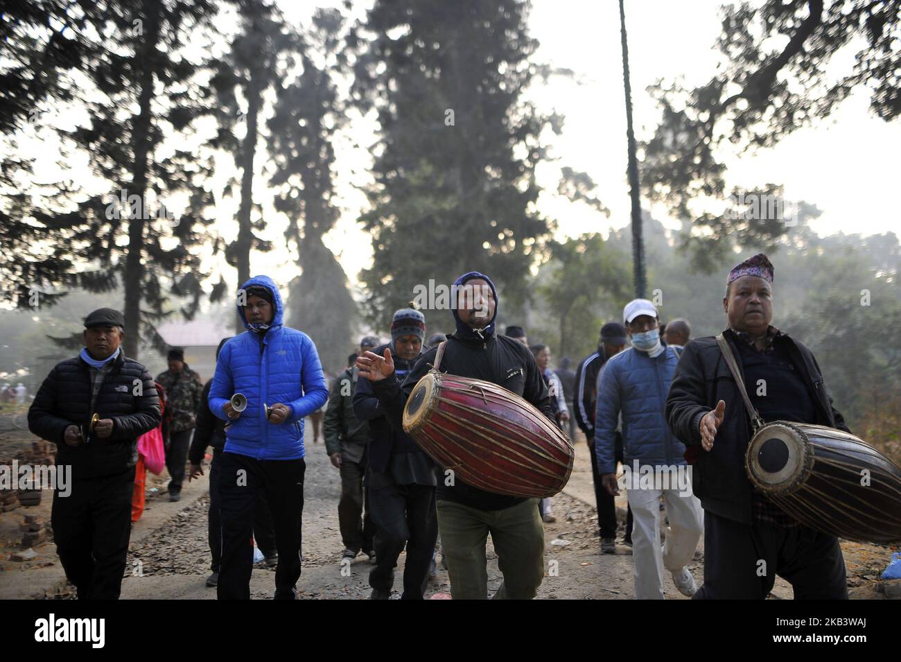 Nepalese devotees playing traditional instruments on the occasion of ...