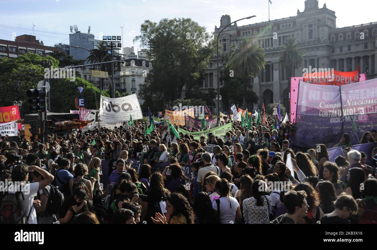 Women take part in a protest as part of the 'Not One Less' (Ni Una Menos) movement demanding justice for the femicide of Lucia Perez on December 5, 2018 in Buenos Aires, Argentina. On November 26, Argentinian judges acquitted the accused for the murder of Lucia Perez, who died on October 8, 2016 in Mar del Plata, Argentina. (Photo by Gabriel Sotelo/NurPhoto) Stock Photo
