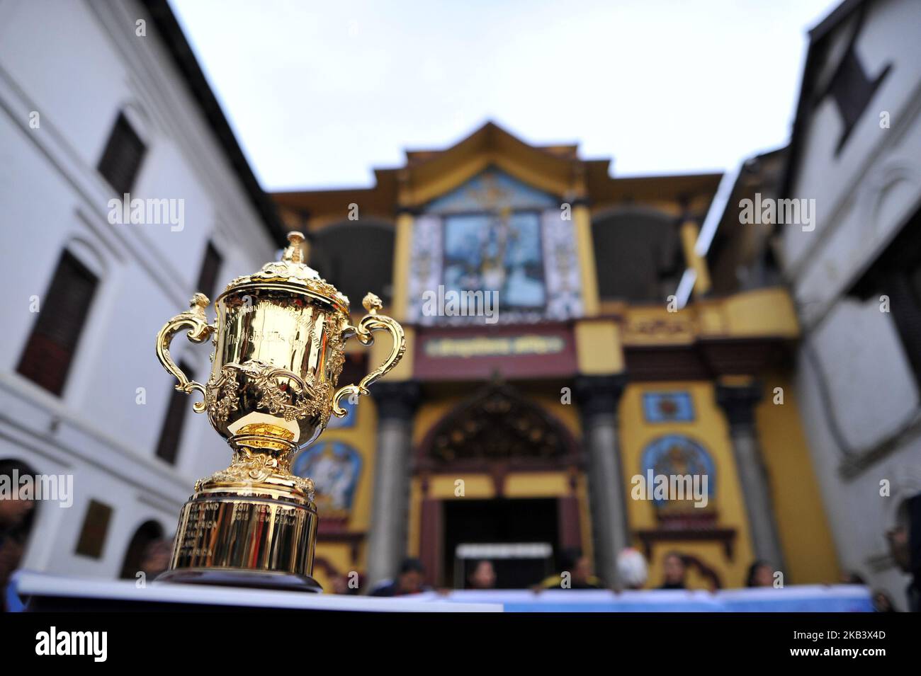 The Webb Elllis Rugby World Cup 2019 Trophy is pictured infront Pashupatinath Temple, , UNESCO World heritages site during a country tour in Kathmandu, Nepal on Friday, December 07, 2018. The 2019 Rugby World Cup will be the ninth Rugby World Cup, and is to be hosted by Japan from 20 September to 2 November, 2019. (Photo by Narayan Maharjan/NurPhoto) Stock Photo