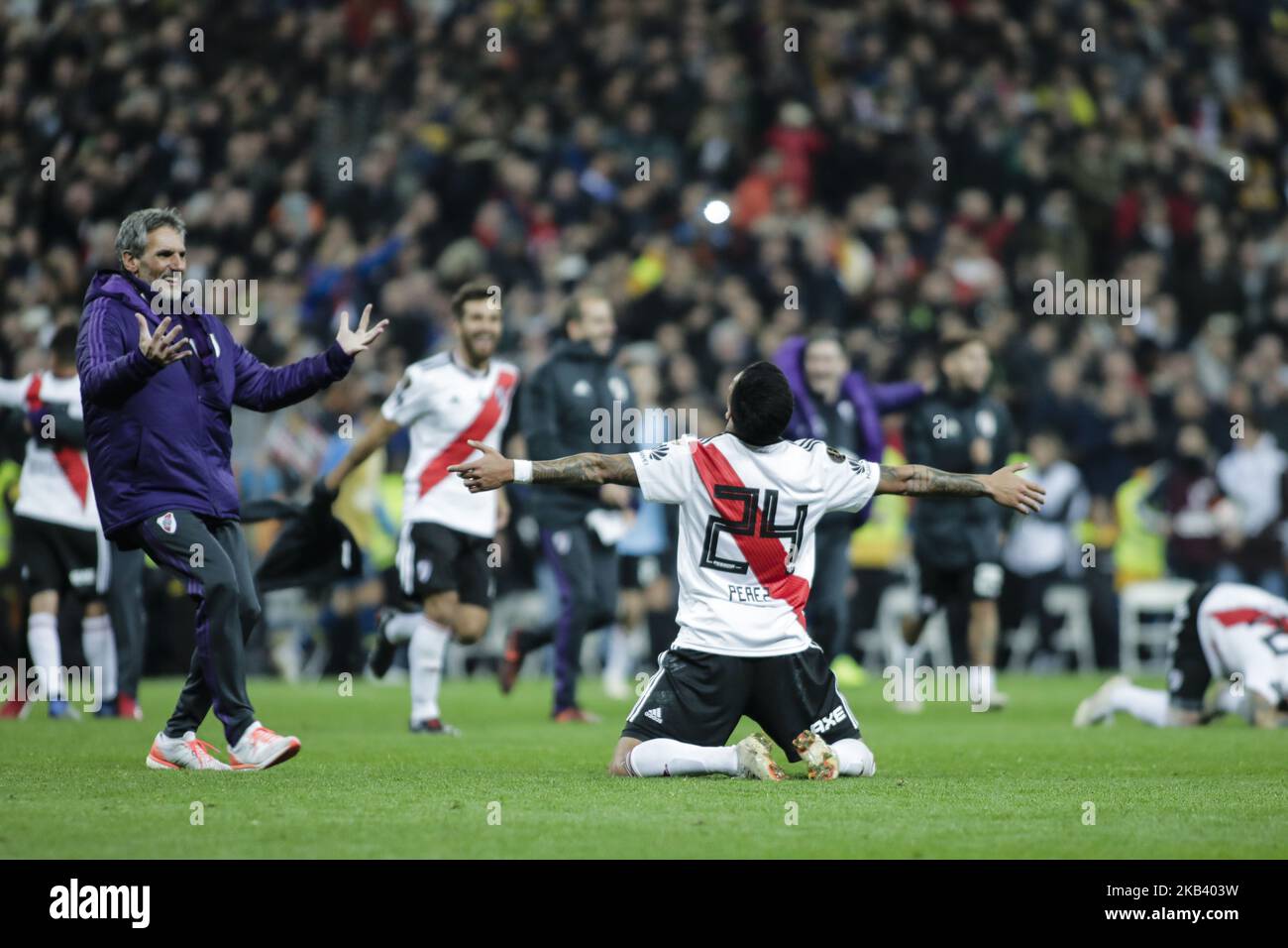 24 Enzo Perez of River Plate celebrating the victory 3-1 against Boca Juniors during the CONMEBOL Copa Libertadores second leg final between River Plate against Boca Juniors on December 9, 2018 at Santiago Bernabeu Stadium in Madrid, Spain. (Photo by Xavier Bonilla/NurPhoto) Stock Photo