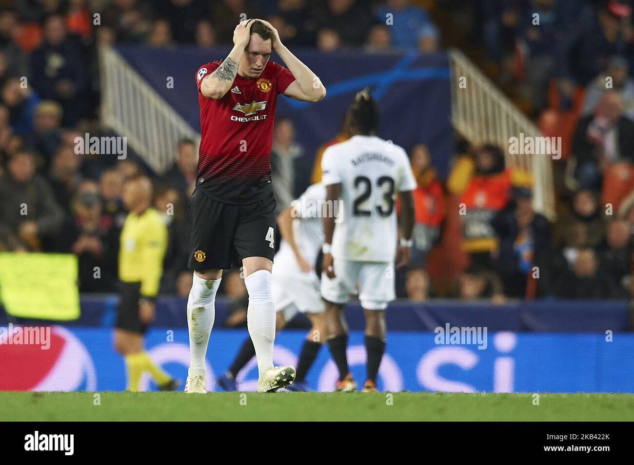 Phil Jones of Manchester United during the match between Valencia CF and Manchester United at Mestalla Stadium in Valencia, Spain on December 12, 2018. (Photo by Jose Breton/NurPhoto) Stock Photo