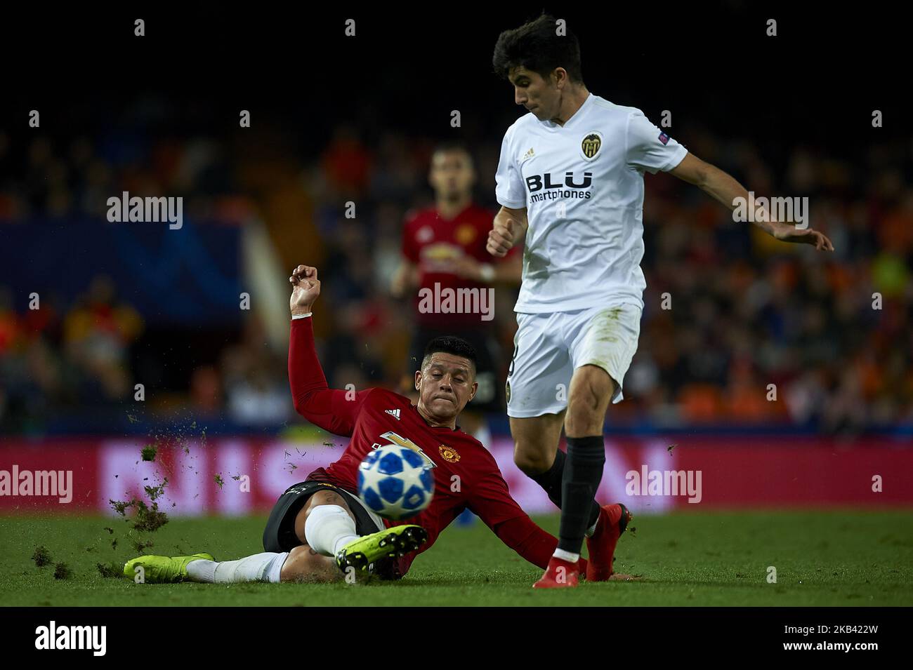 Carlos Soler of Valencia and Marcos Rojo of Manchester United during the match between Valencia CF and Manchester United at Mestalla Stadium in Valencia, Spain on December 12, 2018. (Photo by Jose Breton/NurPhoto) Stock Photo