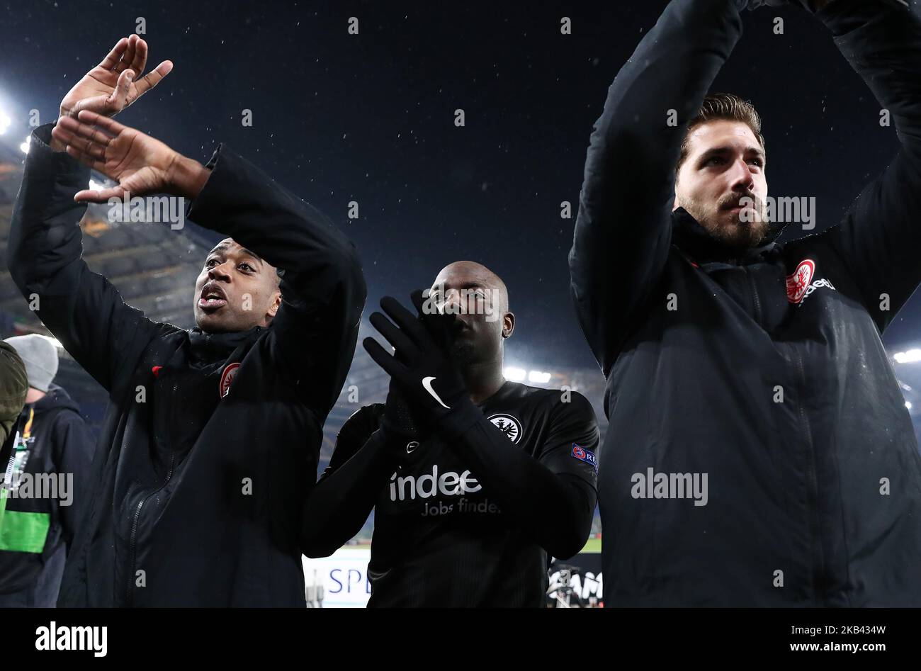 SS Lazio v Eintracht Frankfurt - UEFA Europa League Group H Gelson Fernandes, Jetro Willems and Kevin Trapp of Frankfurt greeting the supporters at Olimpico Stadium in Rome, Italy on December 13, 2018. Photo Matteo Ciambelli / NurPhoto (Photo by Matteo Ciambelli/NurPhoto)  Stock Photo