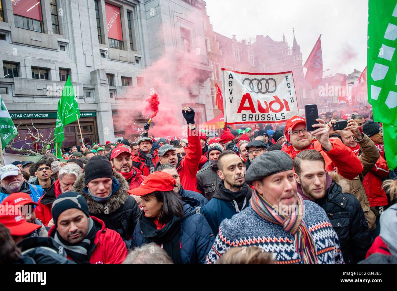 On December 14th, 2018 in Brussels, Belgium. The FGTB, CGSLB and CSC main trade unions have also called for nationwide protest movements to take place on December 14 to denounce the government economic policies. A rally of the joint trade union front was held at 11 am Friday outside of the FEB (Federation of Enterprises in Belgium) headquarters in the Belgian capital. Thousands of workers gathered to demand fair careers and decent pensions. Outside of the FEB (Federation of Enterprises in Belgium) the protesters thrown red paint and eggs to the building. With over 1.2 million members, the Gene Stock Photo