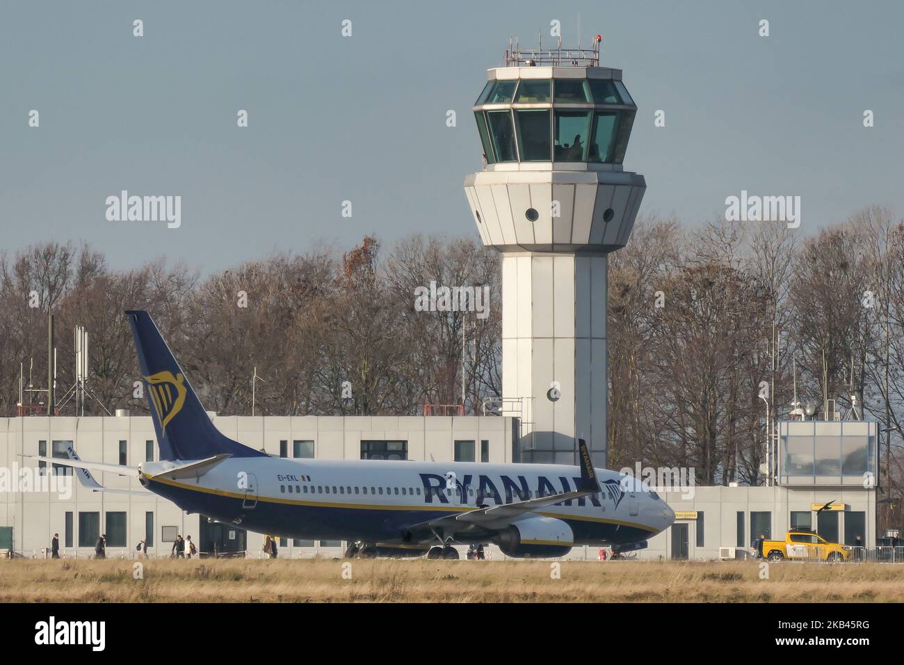 Ryanair low cost carrier Boeing 737-800 or 737-8AS(WL) with registration EI-EKL seen in Maastricht Aachen Airport MST / EHBK with the terminal building and the Control Tower. (Photo by Nicolas Economou/NurPhoto) Stock Photo