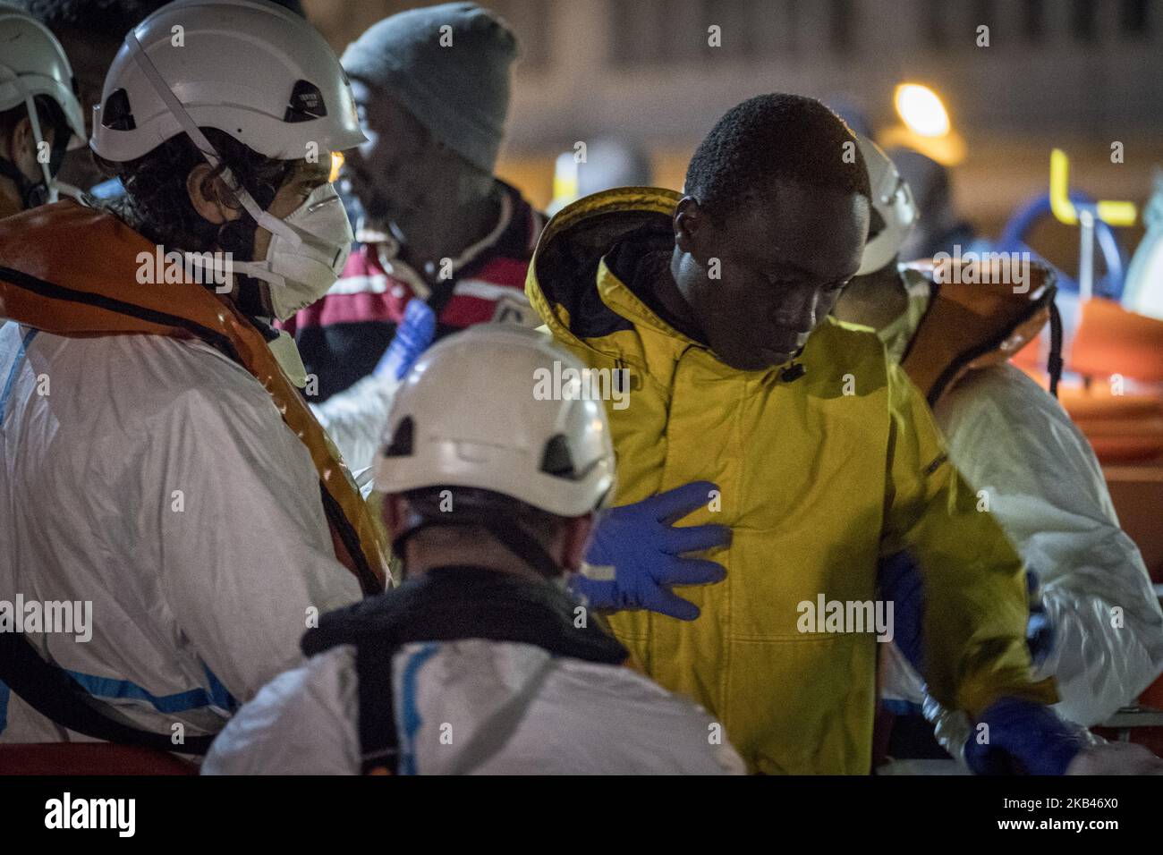 A rescued migrant being transferred to the Care Unit where the Red Cross staffs attended to him. 18-12-2018, Malaga, Spain. (Photo by Guillaume Pinon/NurPhoto) Stock Photo