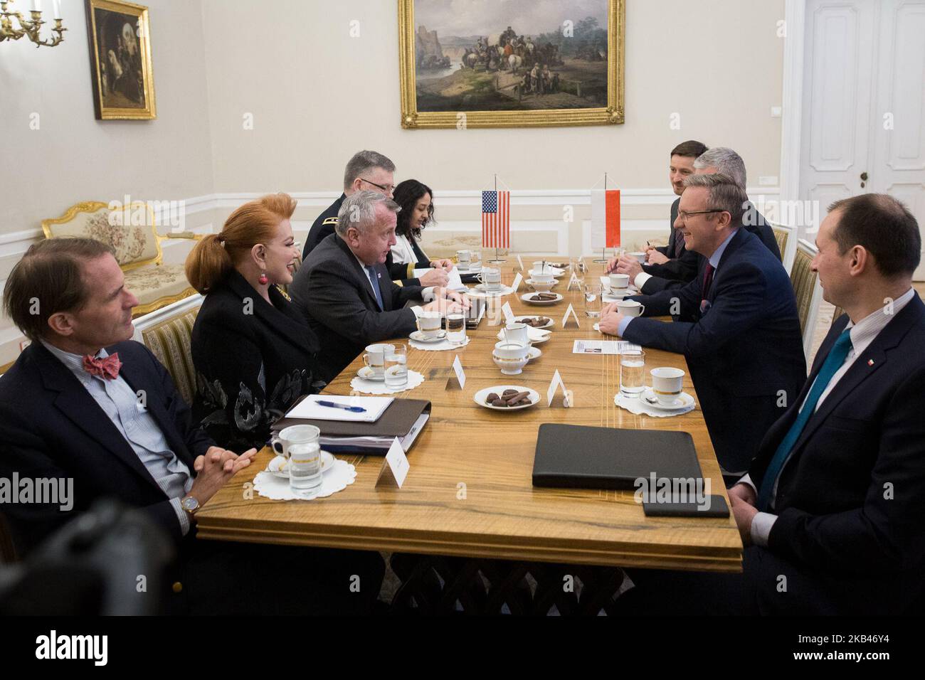 US Deputy Secretary of State John J. Sullivan (3-L) and US Ambassador to Poland Georgette Mosbacher (2-L) during the meeting with head of the Presidents Office Krzysztof Szczerski (2-R), at Presidential Palace in Warsaw, Poland on 19 December 2018 (Photo by Mateusz Wlodarczyk/NurPhoto) Stock Photo