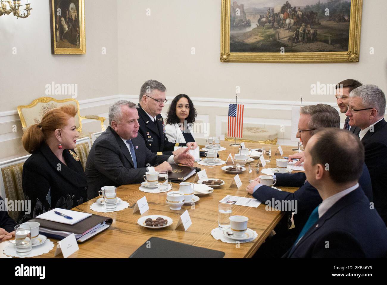 US Deputy Secretary of State John J. Sullivan (2-L) and US Ambassador to Poland Georgette Mosbacher (1-L) during the meeting with head of the Presidents Office Krzysztof Szczerski (2-R), at Presidential Palace in Warsaw, Poland on 19 December 2018 (Photo by Mateusz Wlodarczyk/NurPhoto) Stock Photo