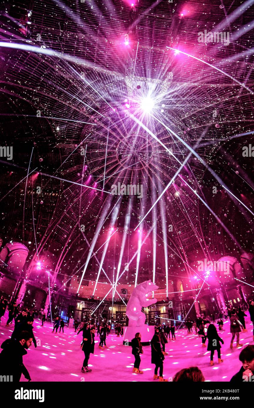 The ice skating rink open to the public during the Christmas holydays hosted under the glass dome of Grand Palais in Paris during the evenings of the end of the year to celebrate holydays and new year. Ligth show , Music with DJ set, and 'Ours' of Richard Orlinski enjoy the people which skating - December 20, 2018 - Paris (Photo by Daniel Pier/NurPhoto)  Stock Photo